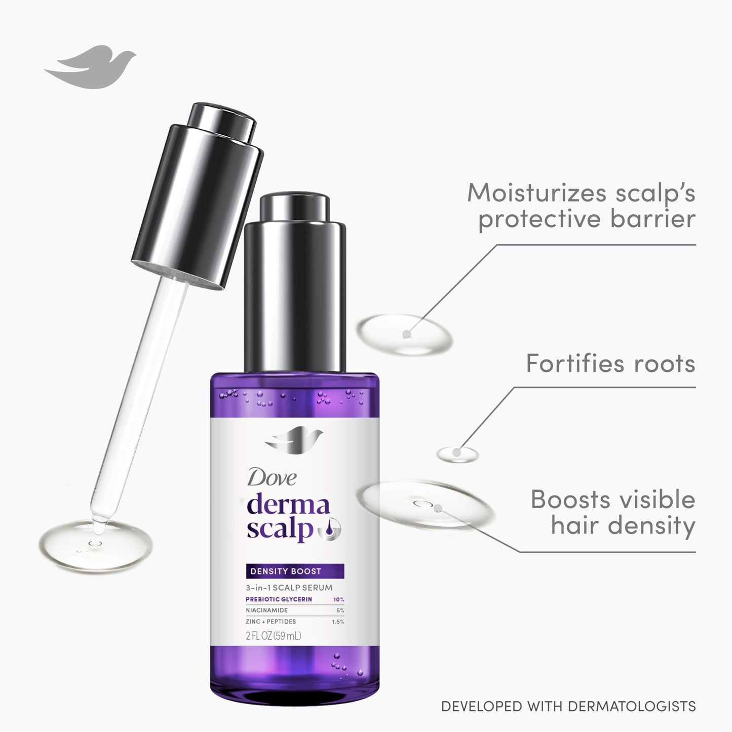 Dove Density Boost Scalp + Hair Therapy Serum, 2 oz | Restores Visible Fullness & Strength | Clinically Proven Hair Thickening Formula