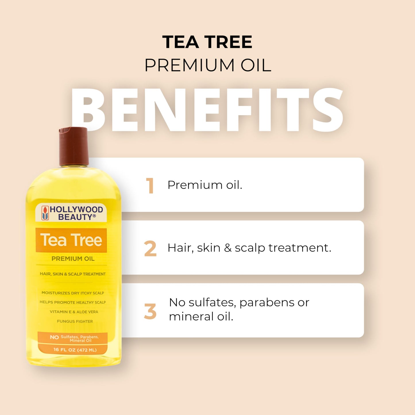 Hollywood Beauty Tea Tree Oil for Hair, Scalp, and Skin, 16 fl oz - Moisturizes Dry, Itchy Scalp, Fungus Fighter, Blended with Vitamin E & Aloe