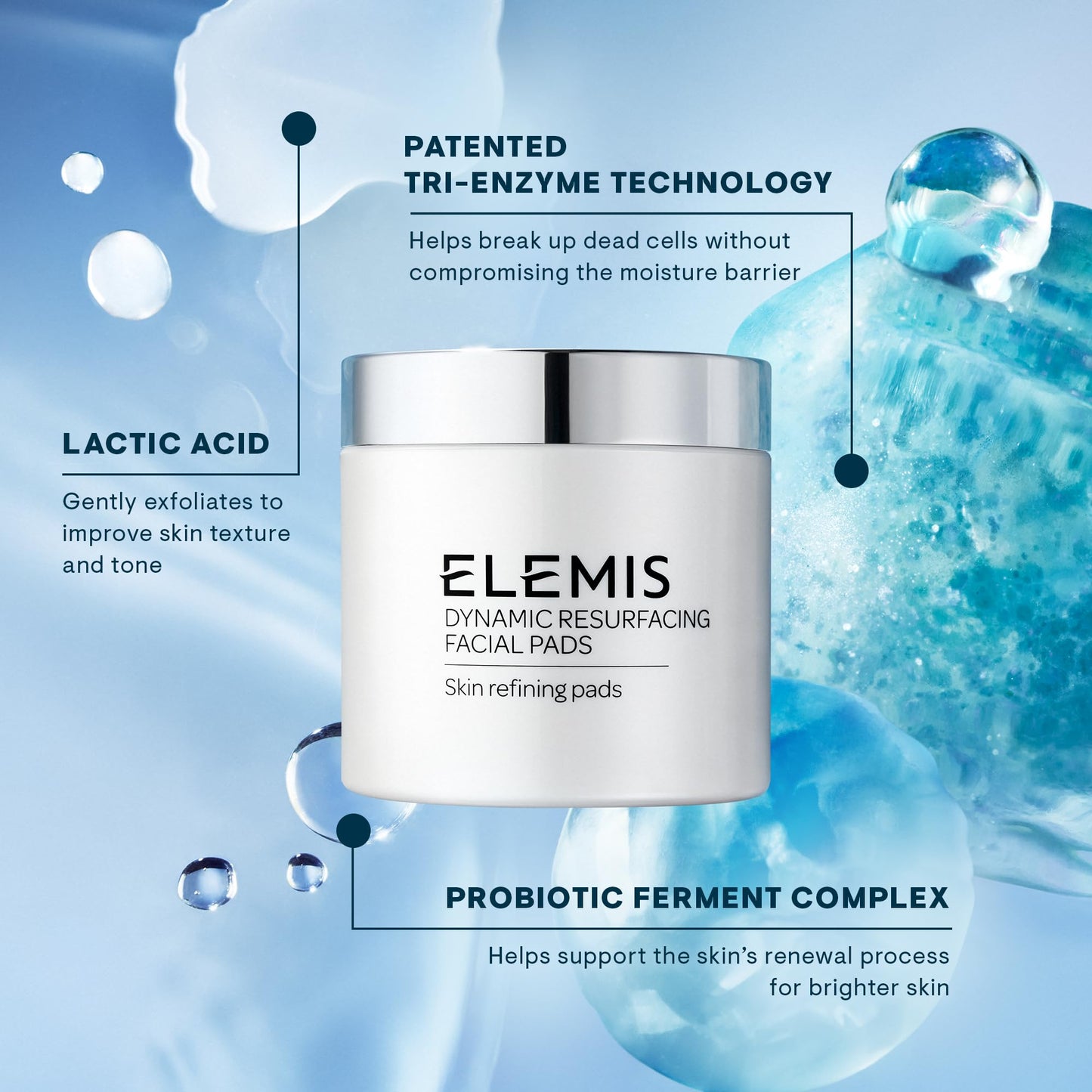 ELEMIS Dynamic Resurfacing Facial Pads - Blackhead Refining Treatment - Gentle Daily Skin Resurfacer - Lactic Acid, Tri-Enzyme - 60-Count Jar