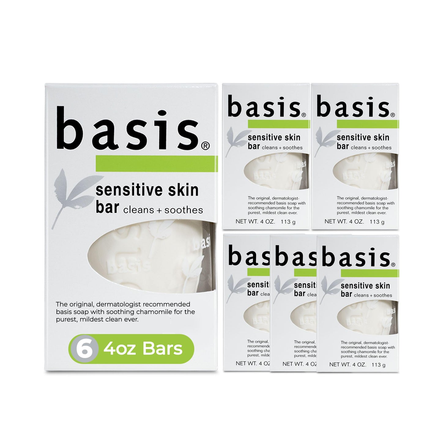 Basis Sensitive Skin Bar Soap for Body, Hands and Face, Unscented Soap Bar for Sensitive Skin with Chamomile and Aloe Vera, 4 Oz, Pack of 6