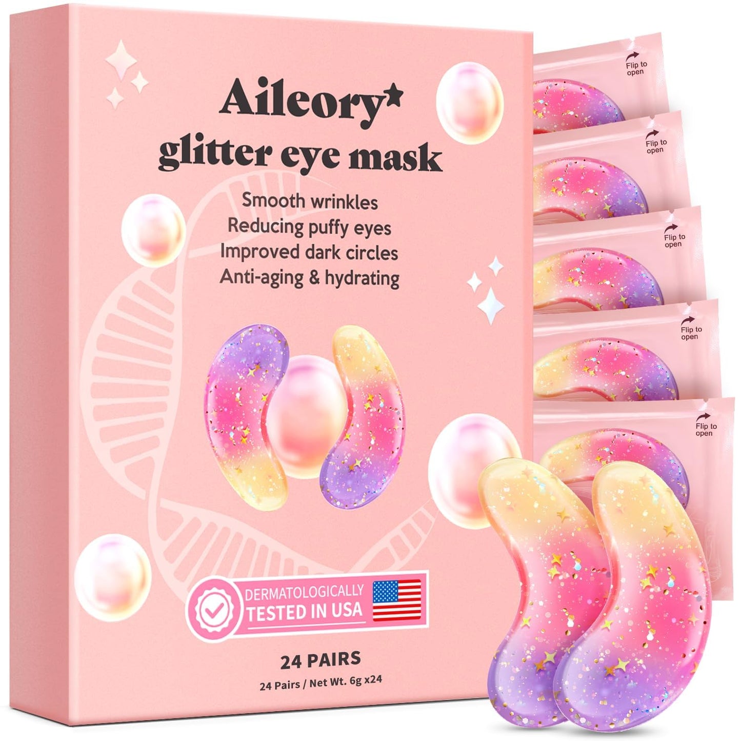 AILEORY Tri-Color Glitter Under Eye Patches, 24 Pairs – Gel Pads for Dark Circles, Puffy Eyes, Wrinkles & Under Eye Bags