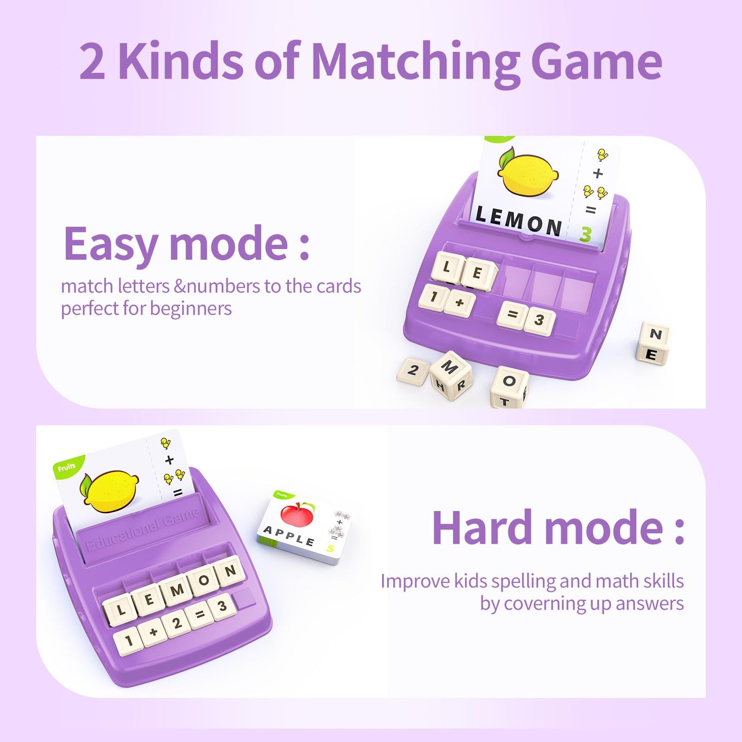 Matching Letter Games for Kids 4-8 – Educational Toy for Spelling, Reading, Math & Word Recognition, Preschool & Kindergarten Gift, Purple
