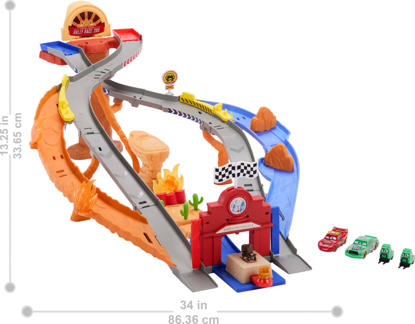 Mattel Disney and Pixar Cars Toy Playset, Lightning McQueen & Chicks Hicks & 2 Pitty Crew Vehicles, 2 Ways to Race, Race & Rescue Rescue Road Raceway