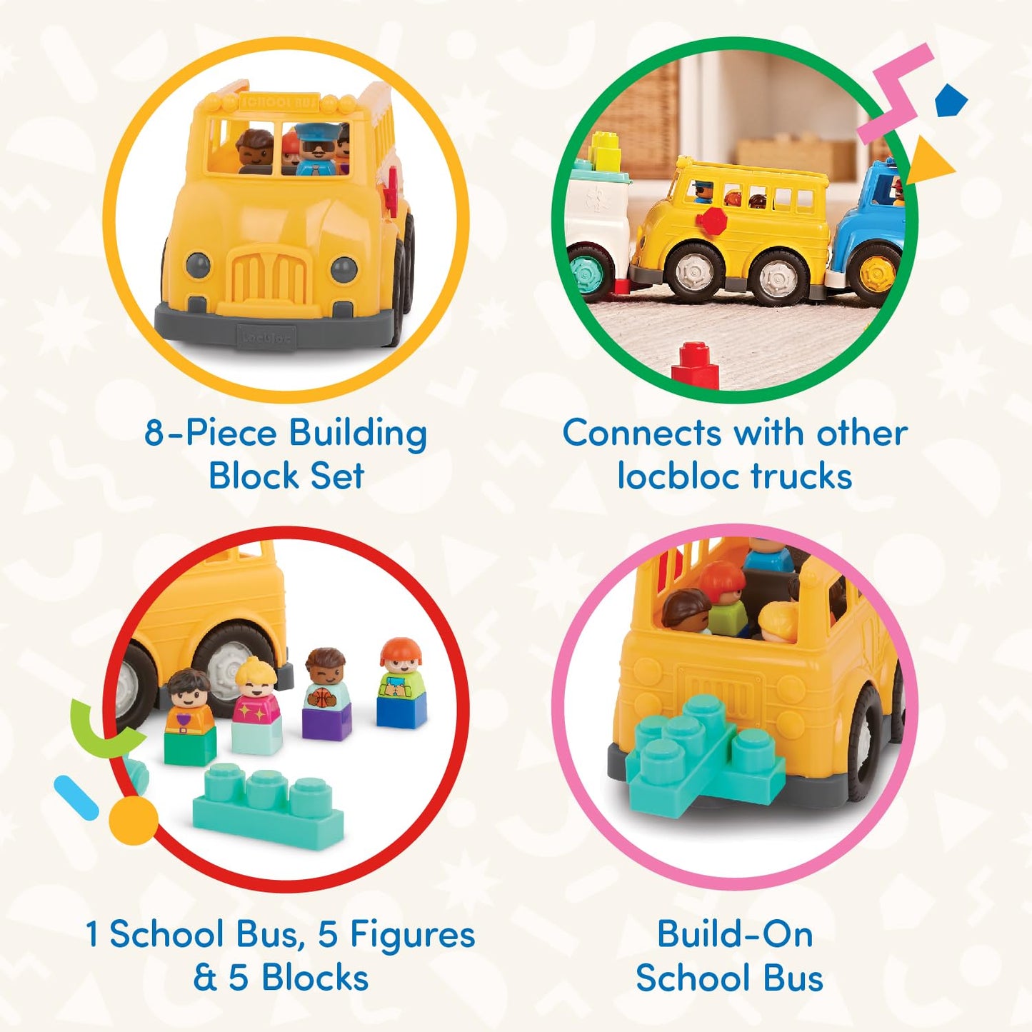 Battat – School Bus – 8 Pieces Construction Set – 5 Figures & 2 Blocks – Build – On Vehicle – 12+ Months – Locbloc® School Bus