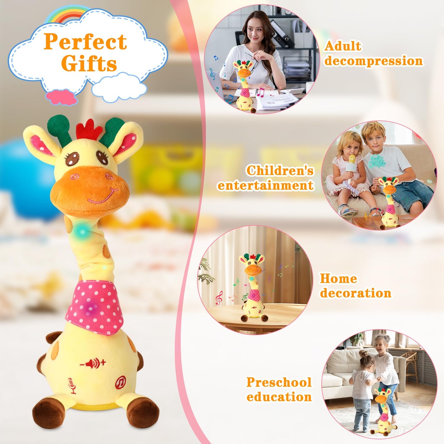 LLUKEME Dancing Talking Giraffe Toy – Stuffed Animal, Musical Light-Up Plush, Repeats What You Say, Fun Gift for Toddlers 1-3