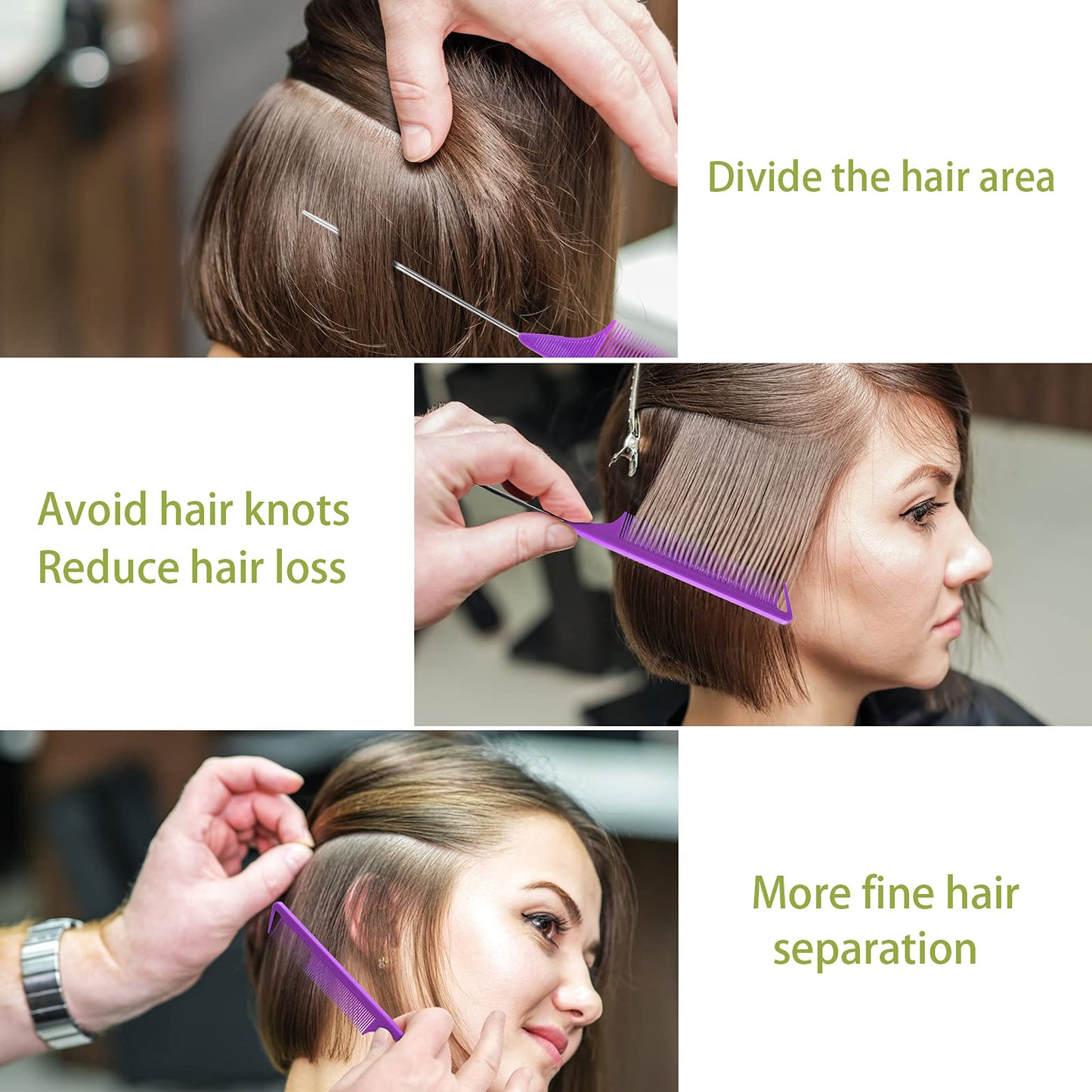 Rat Tail Combs Set: 3Pcs Long Steel Pin Teasing Combs for Salon Hair Stylists, Metal Parting Combs for Women (Purple, Black, Pink)