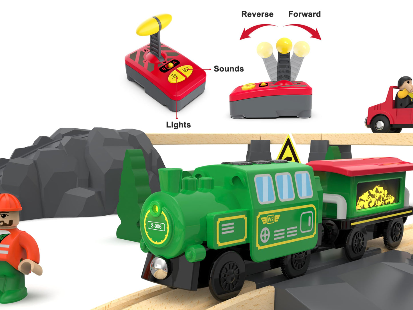 Wooden Battery Operated Locomotive Train with Remote Control – Fits All Major Track Sets, Powerful Engine (Batteries Not Included)