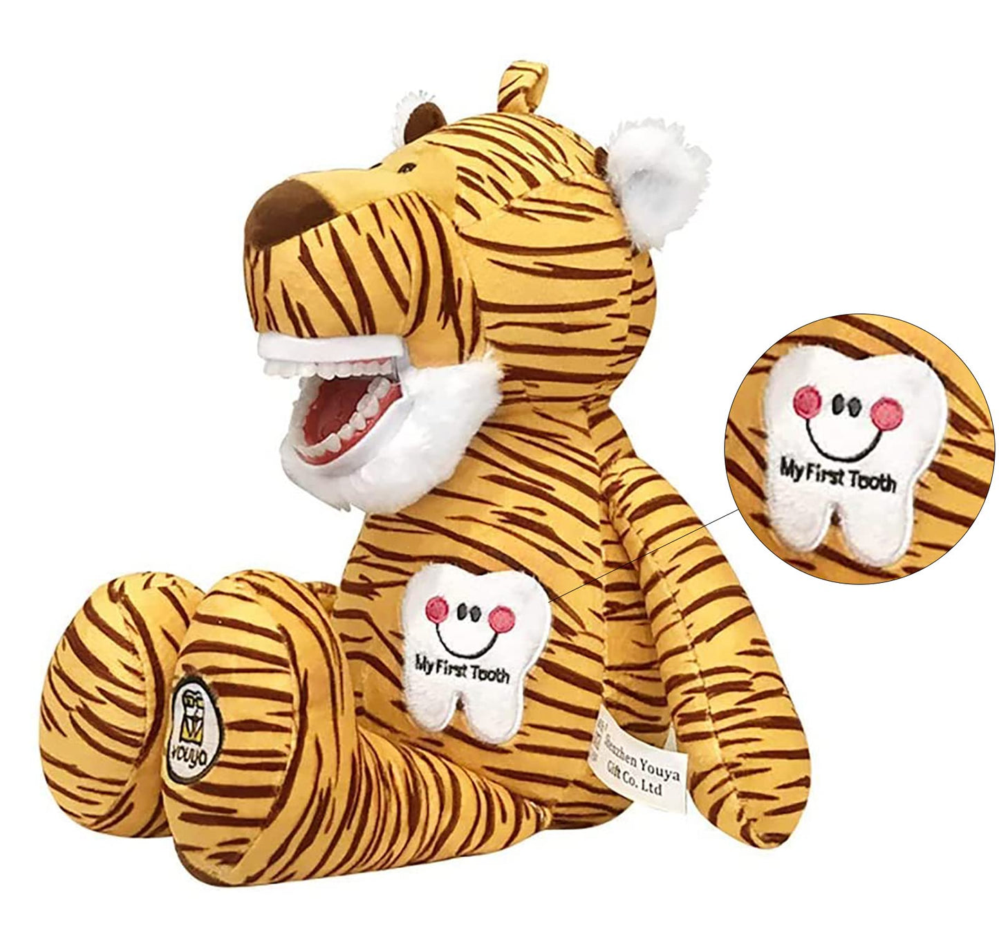 YOUYA DENTAL Tooth Fairy Puppet โ Striped Tiger Educational Plush Doll with Teeth for Kids, Oral Health Teaching Toy