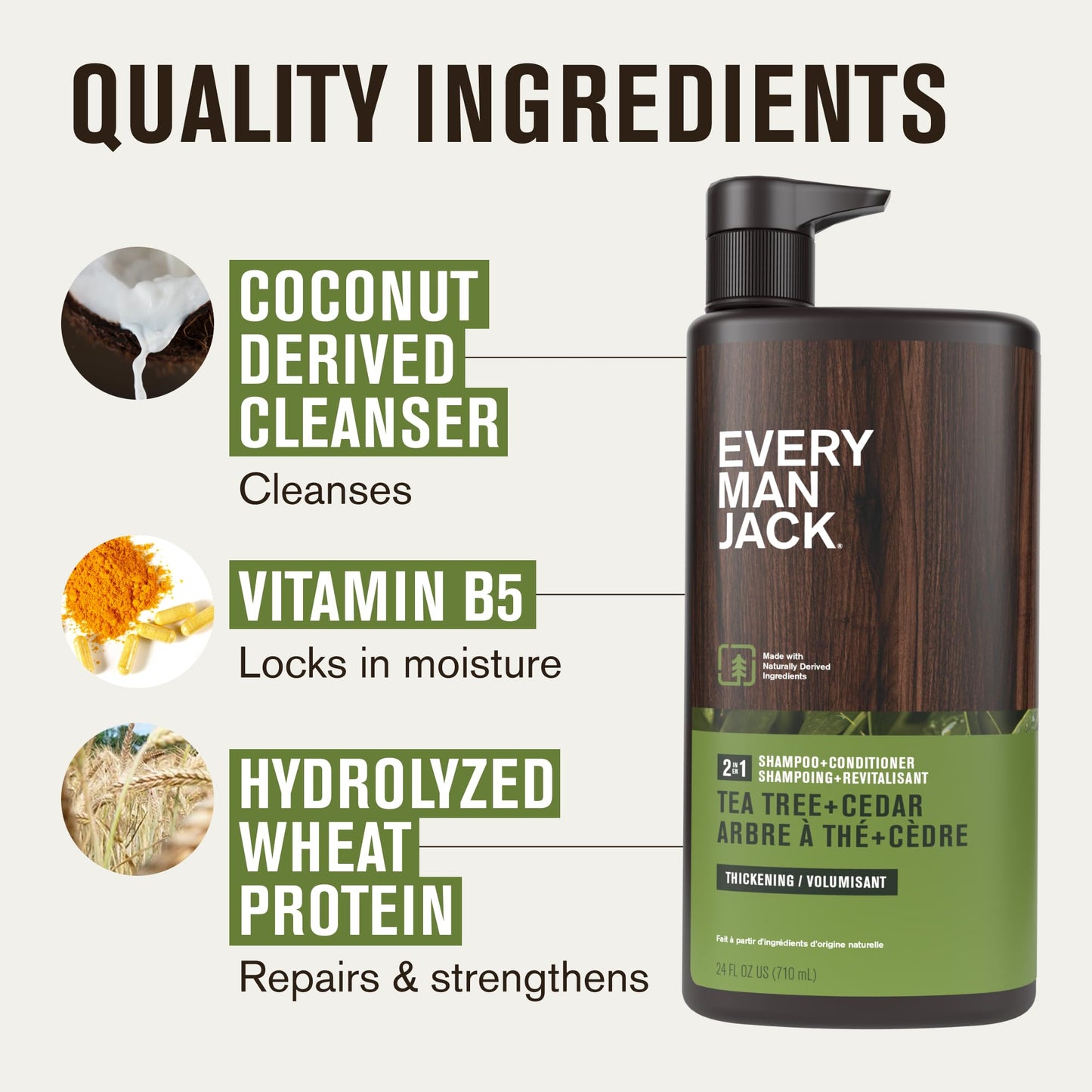 Every Man Jack 2-in-1 Shampoo + Conditioner Tea Tree & Cedar – Thickens, Cleanses & Hydrates Hair with Coconut, Aloe & Tea Tree Oil, 24oz