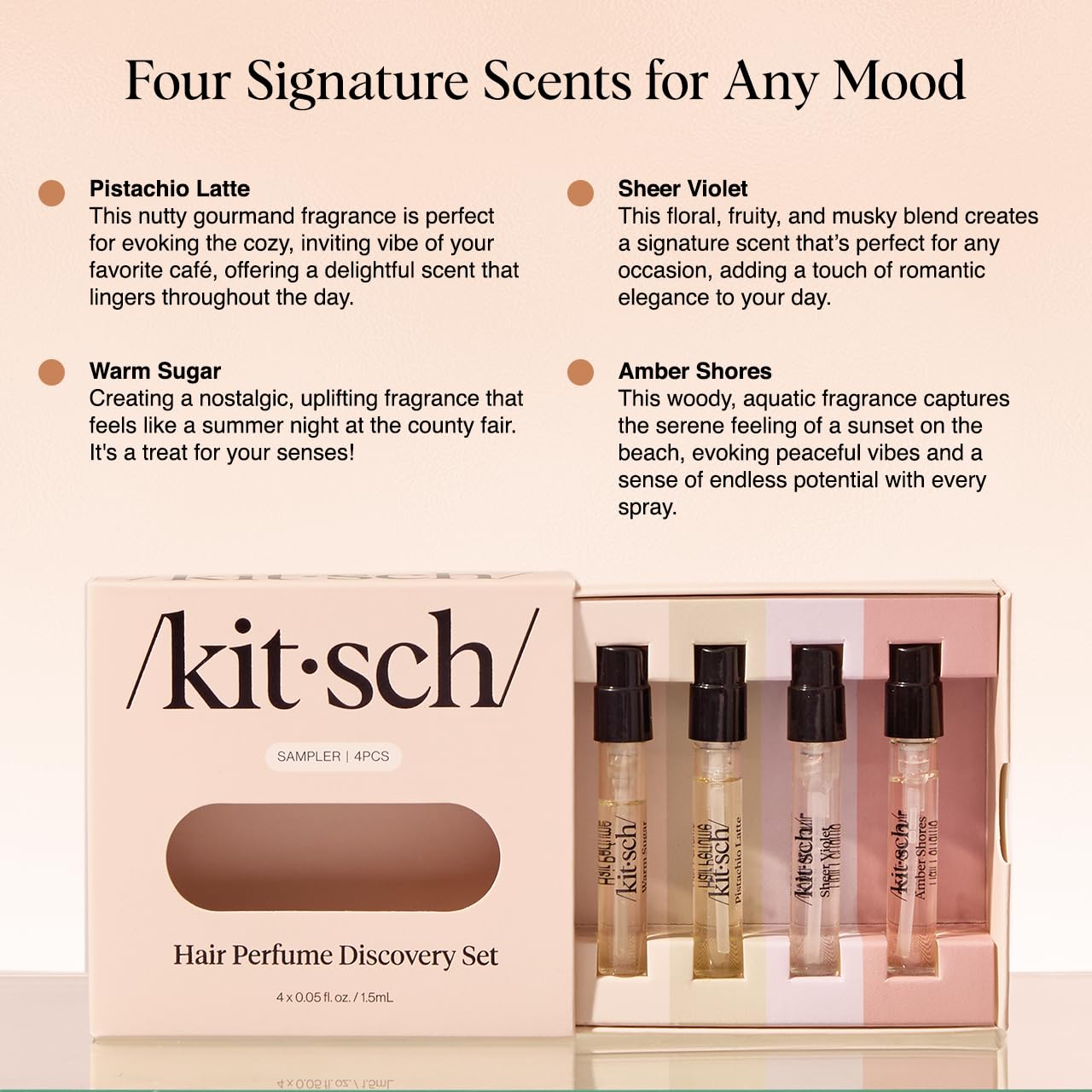 Kitsch Hair Perfume Discovery Set for Women – Pistachio Latte, Warm Sugar, Sheer Violet & Amber Waves – Odor-Eliminating Hair & Body Mist, 4 x 1.5ml