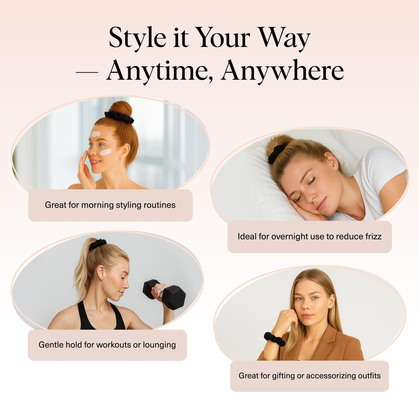 Kitsch Satin Scrunchies for Women – 5 Pcs Black No-Crease Hair Ties – Soft, Frizz-Free, Gentle & Stylish Hair Accessories – Perfect Gift for Girls