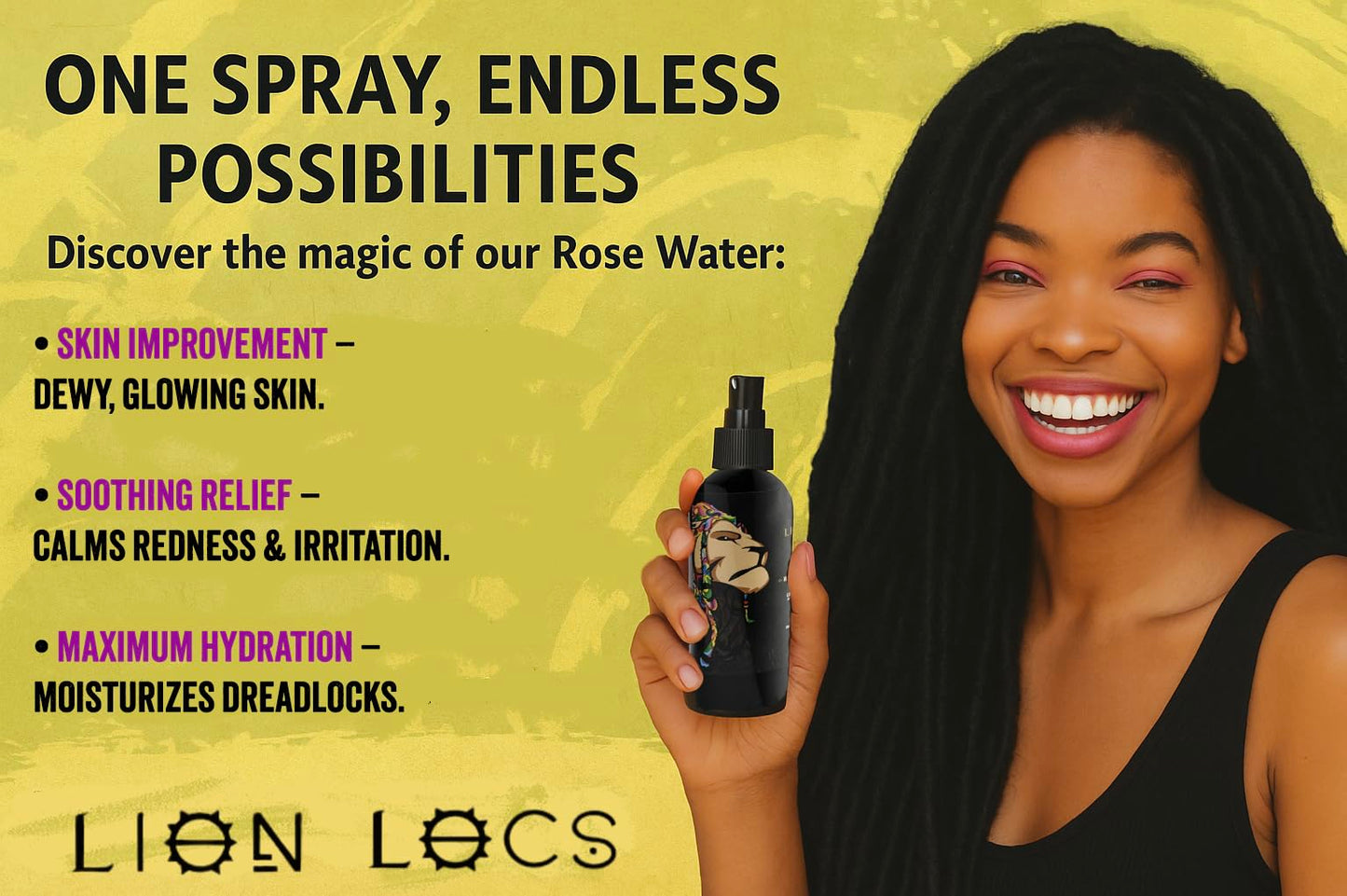 Lion Locs Rosewater Spray for Dreads and Locs - Organic Vegan Conditioner with Aloe, Oils, Vitamins, and Glycerin