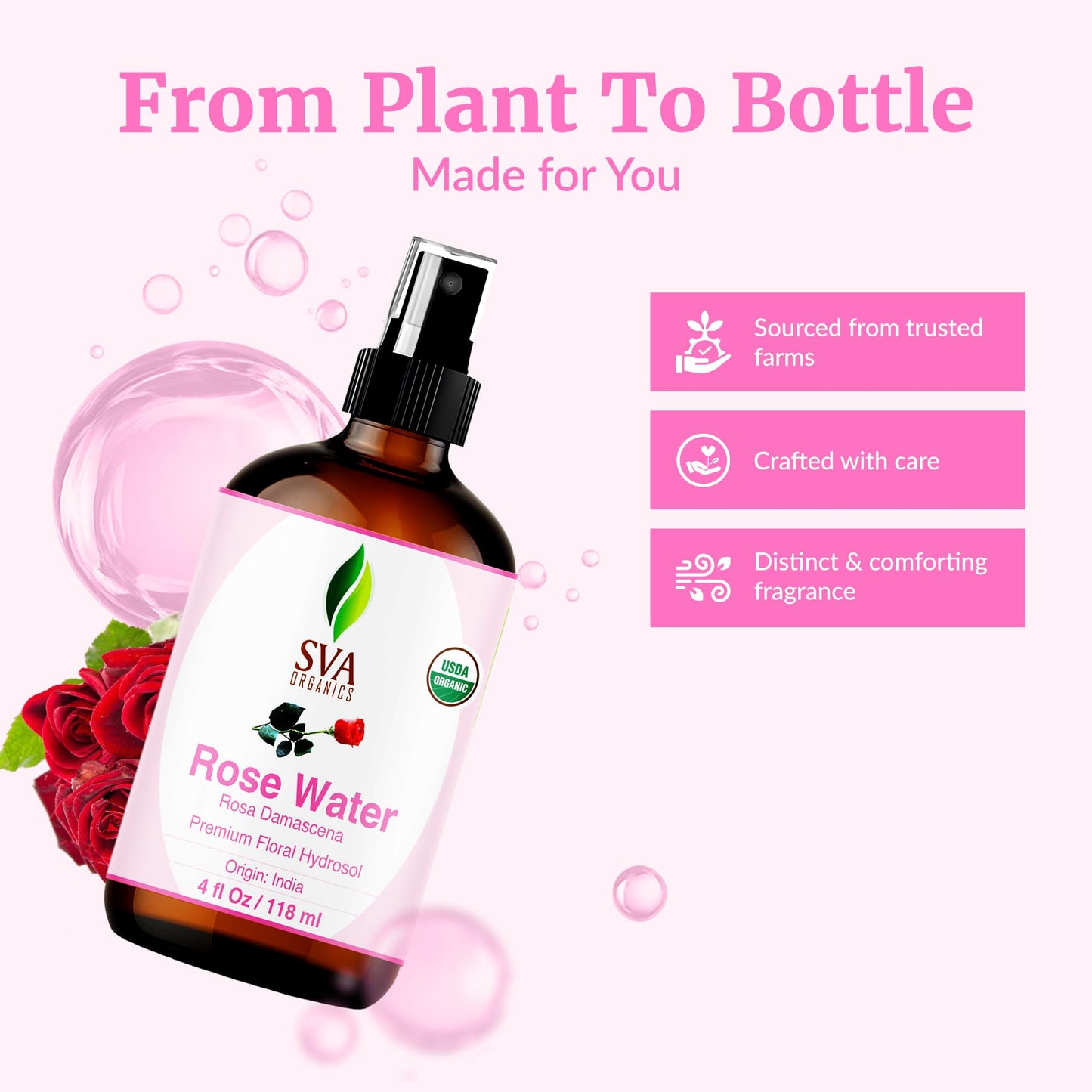 SVA ORGANICS Rose Water 4oz (118 ml) Refreshing Rose Water Spray for Skin Care, Skin Hydration, Bath, Soaps, Haircare & Aromatherapy