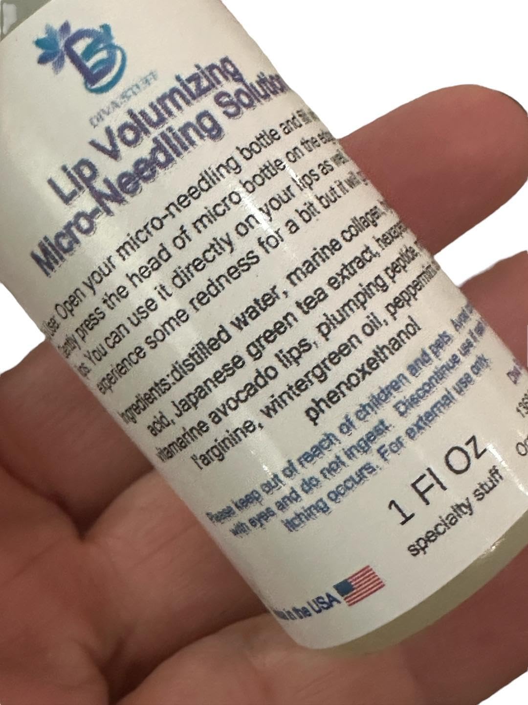 Lip Volumizing Micro-NeedIing Serum Solution and Applicator By Diva Stuff, With Peptides, Hyaluronic Acid, Wintergreen and Marine Collagen