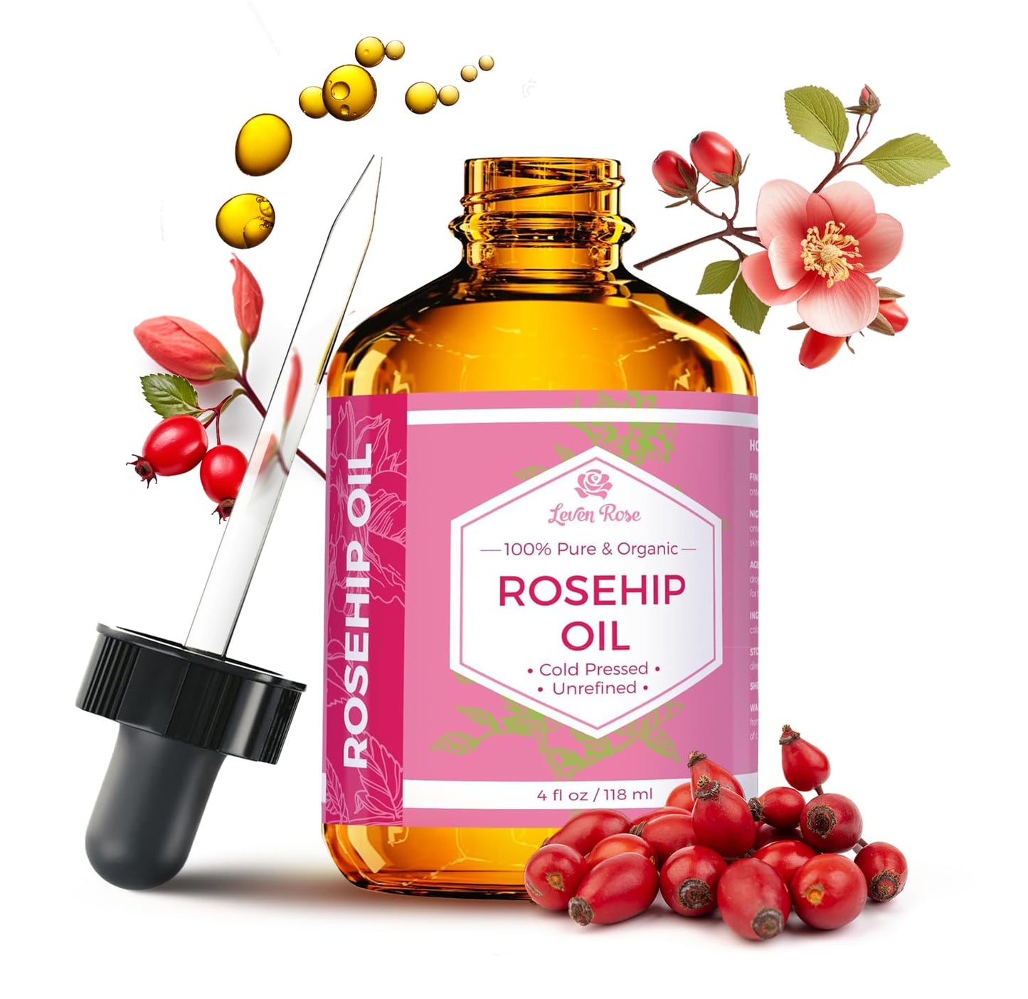 Leven Rose Rosehip Seed Oil 4oz – Pure, Unrefined, Cold-Pressed Face & Body Oil for Skin, Hair & Nails, Nighttime Moisturizer