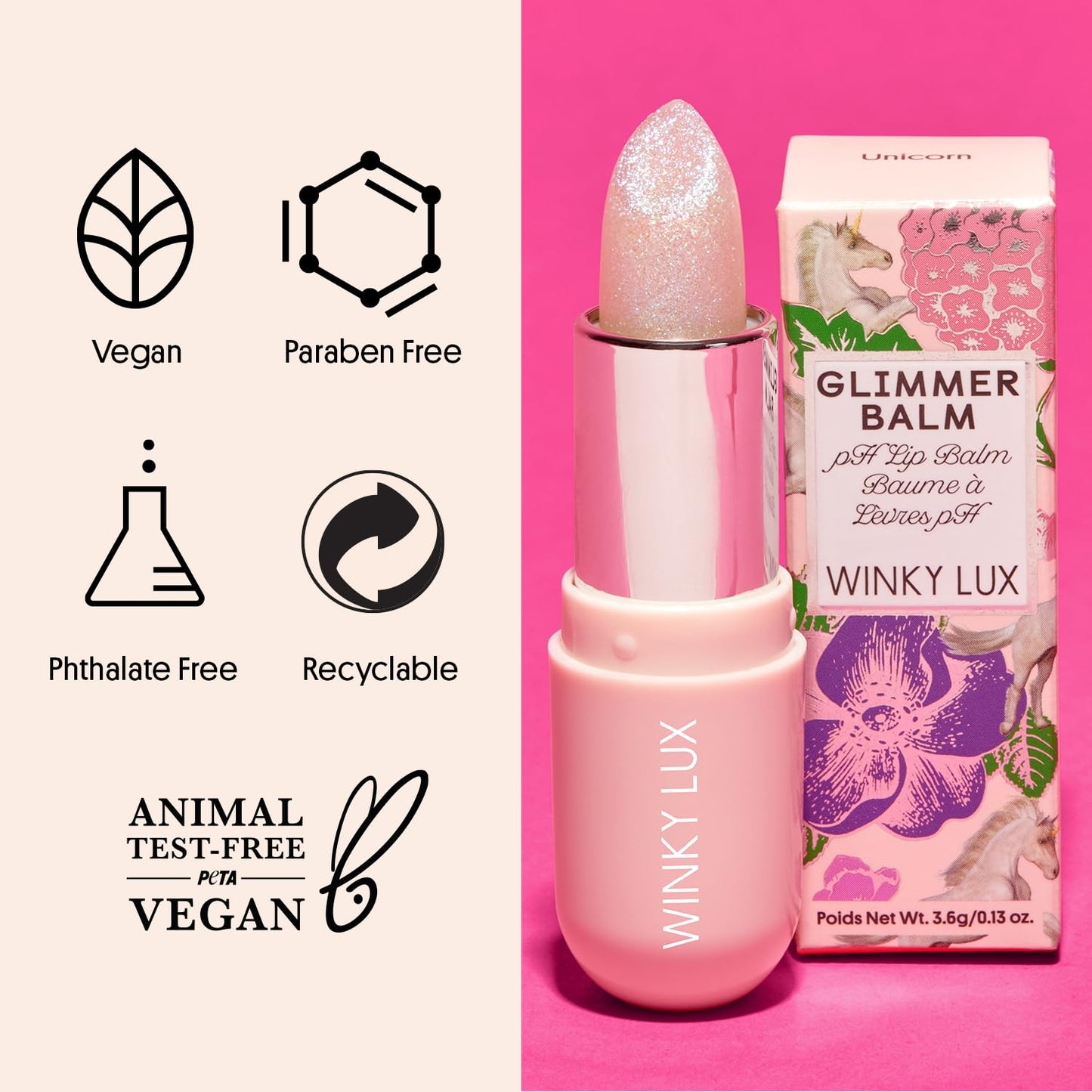 Winky Lux Unicorn Glimmer Balm - Hydrating pH Lip Balm with Color-Changing Sheer Pink Tint, Softens & Moisturizes Lips, Vanilla Scent