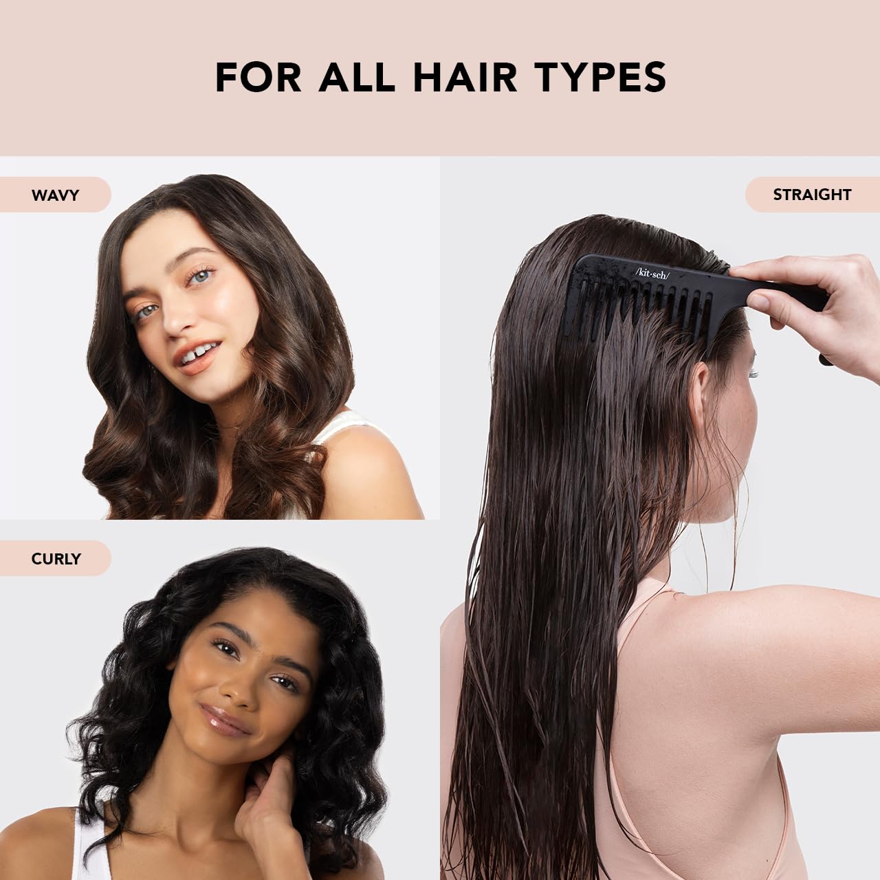 Kitsch Wide Tooth Detangler Comb - Curved Handle for Curly, Wet & Thick Hair, Black Shower Comb for Women