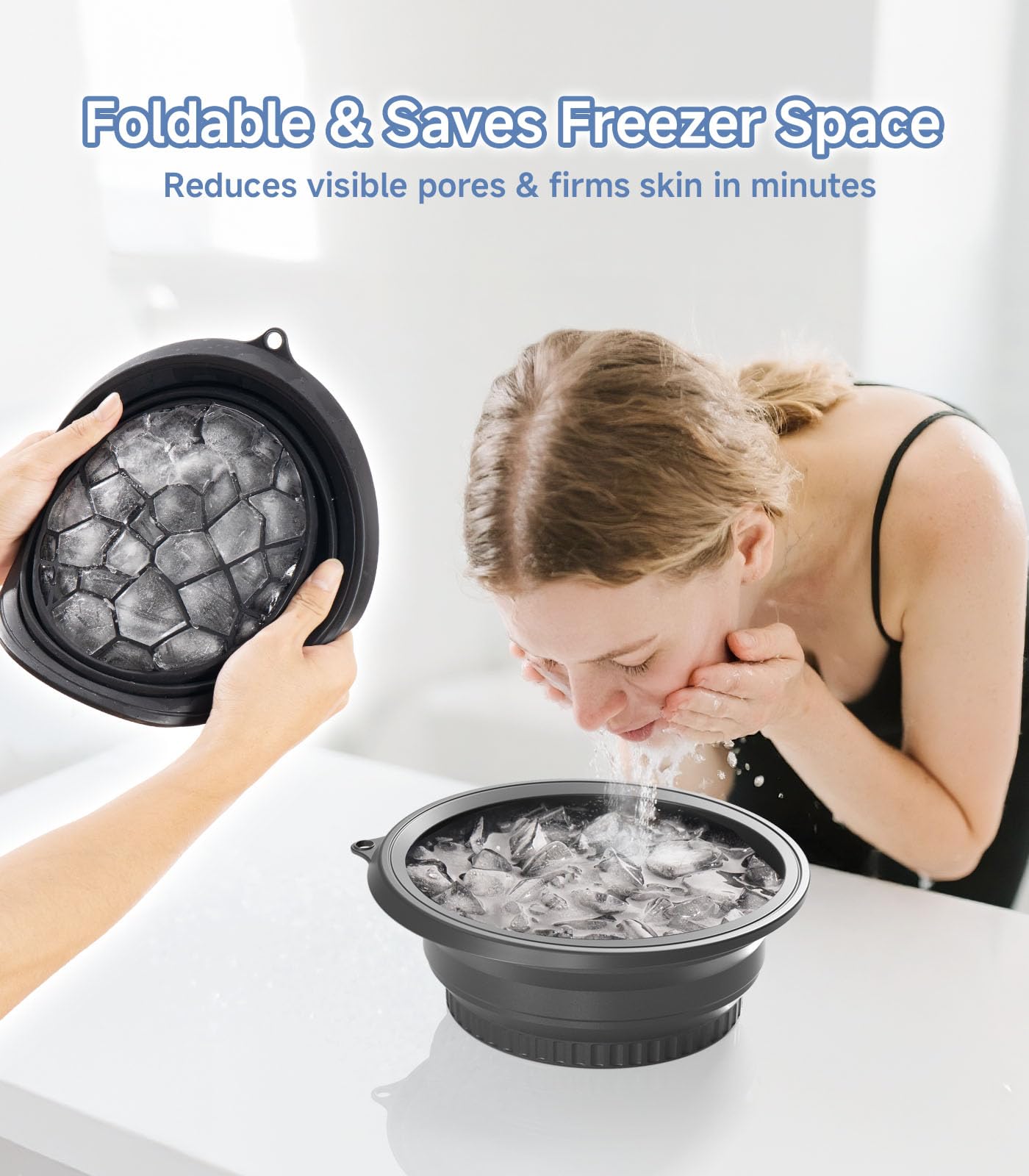 Collapsible Silicone Face Ice Bowl with Built-In Tray – Cold Plunge Therapy for Skin Tightening, Acne Relief & Home Spa (Black)