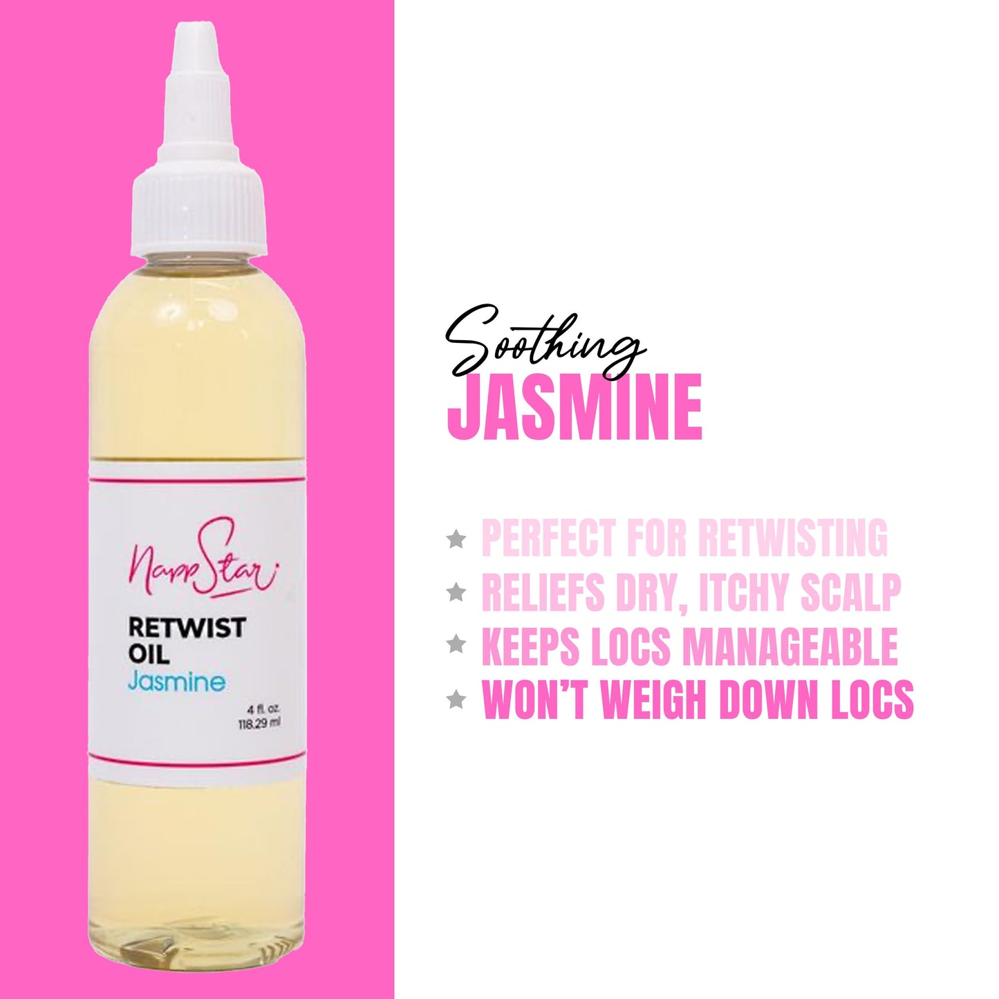 NappStar Retwist Oil, Jasmine Scented Smell Good Loc Oil, Aromatic Hair Care for Dreadlocks with Moisturizing Base, 4 Fl Oz