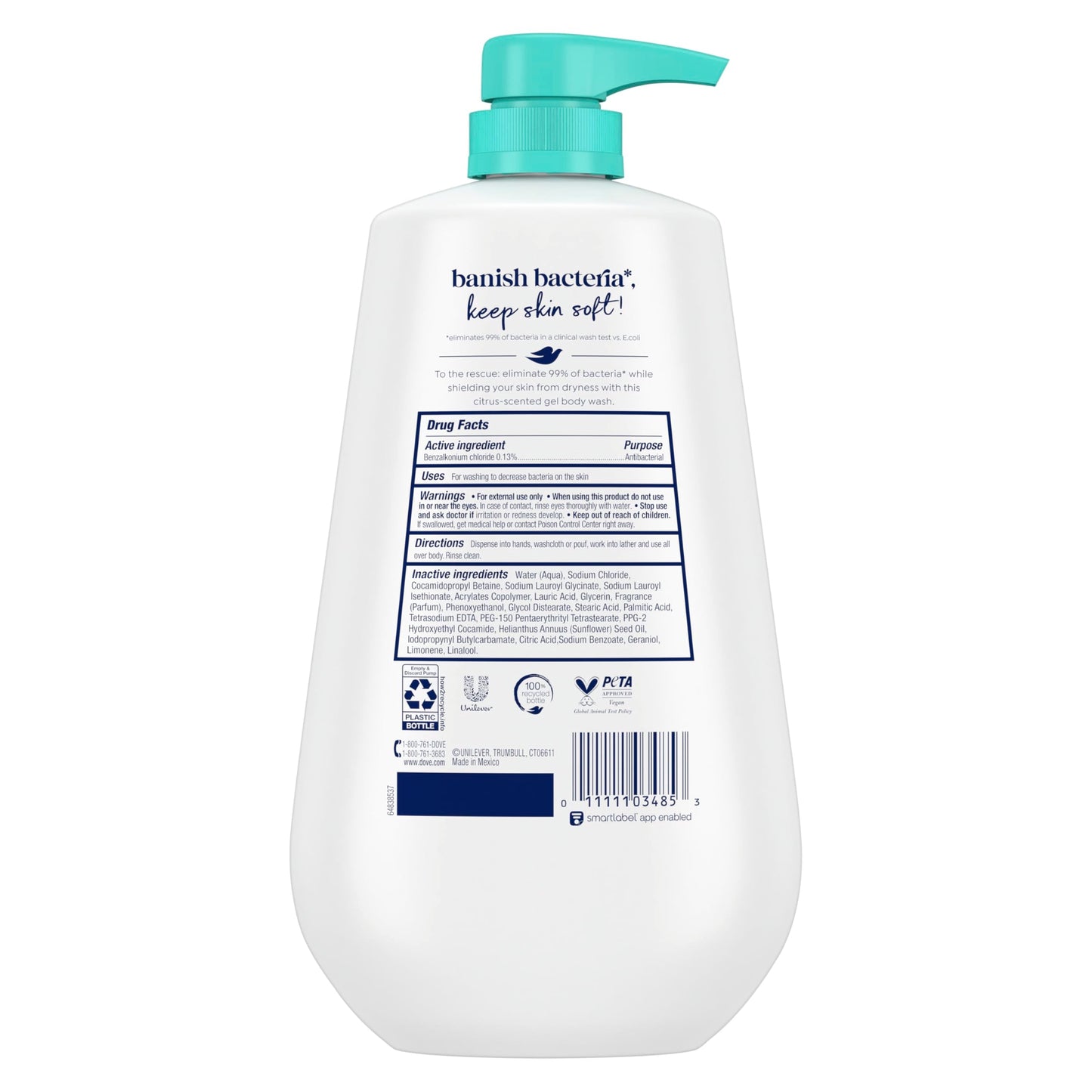 Dove Body Wash with Pump Antibacterial For All Skin Types Protects from Dryness 30.6 oz