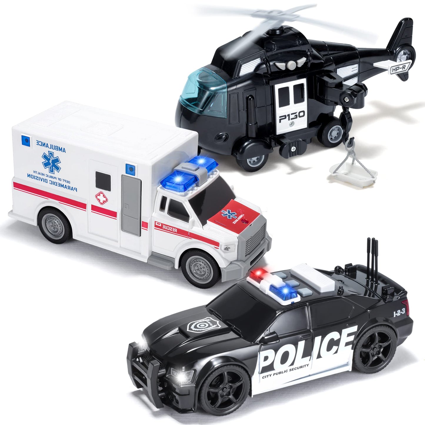 JOYIN Toddler Truck Toy Set for Boys & Girls 3-9 – Friction Powered Police & Emergency Vehicles with Lights & Sounds, Birthday & Christmas Gift