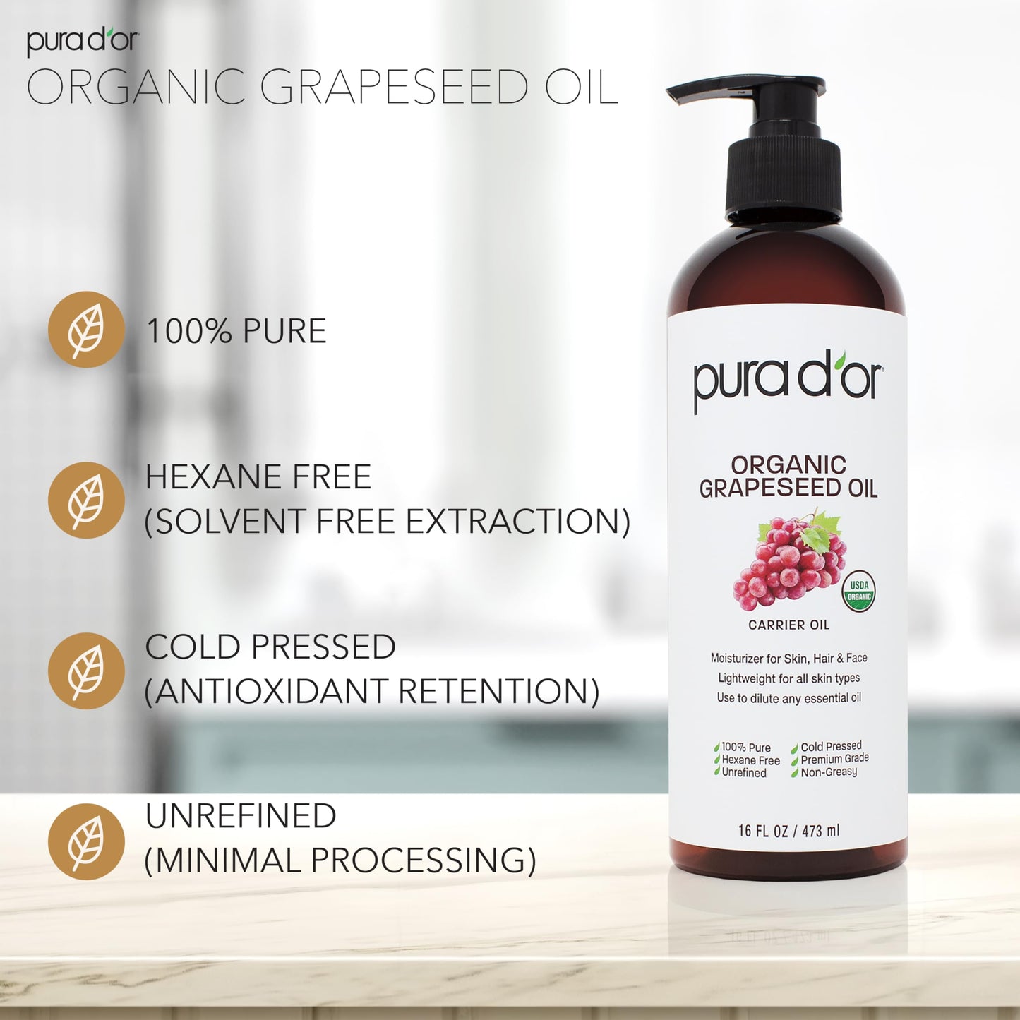 PURA D'OR Organic Grapeseed Oil 16oz – 100% Pure, Cold Pressed, USDA Certified Carrier Oil for Face, Skin & Hair – Light, Unscented, Hexane-Free Moisturizer