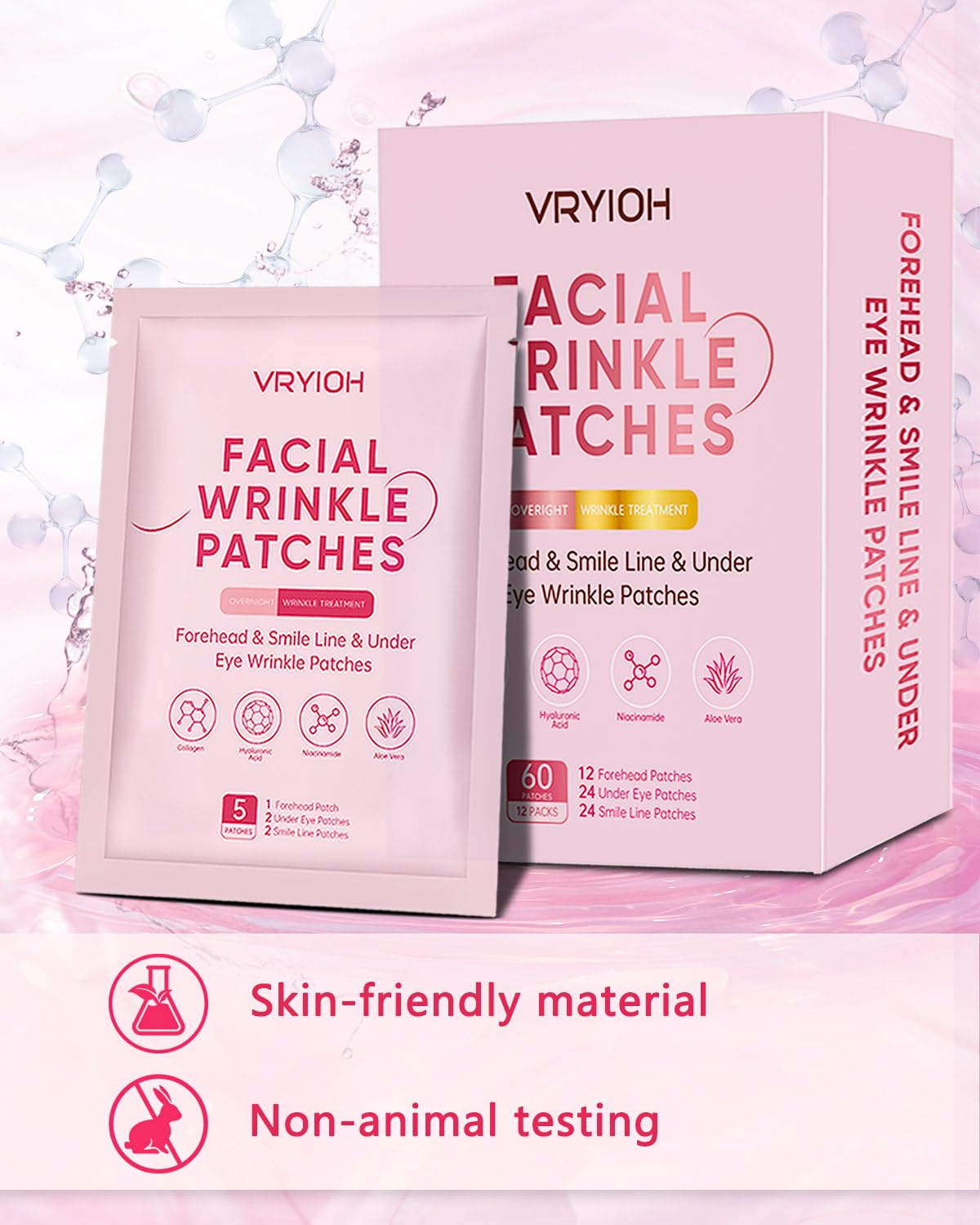 Vryioh 3-in-1 Wrinkle Patches for Forehead, Smile Lines & Under Eyes, Overnight Treatment with Hyaluronic Acid & Collagen, 60 Pcs