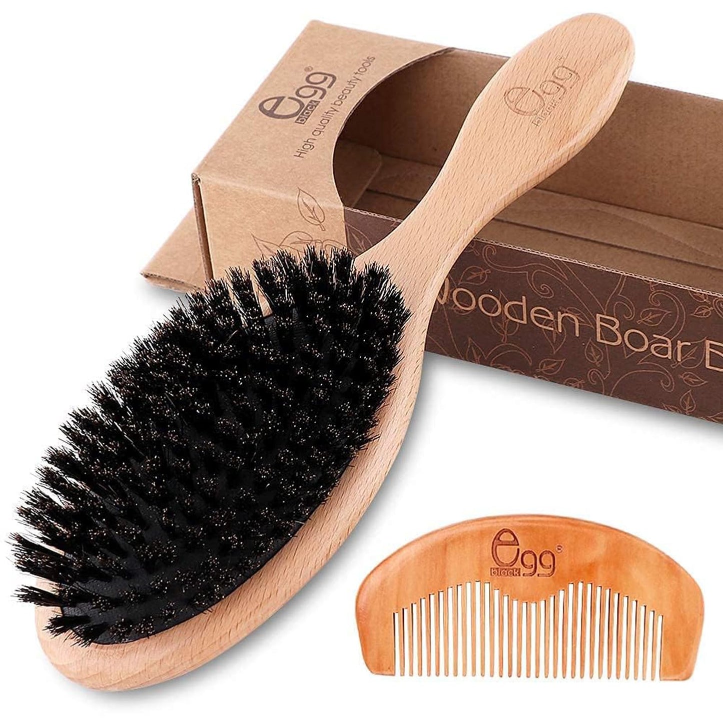 BLACK EGG Boar Bristle Hair Brush Set – Soft Natural Bristles for Thin & Fine Hair, Restores Shine & Texture, Includes Bamboo Comb & 3 Hair Ties
