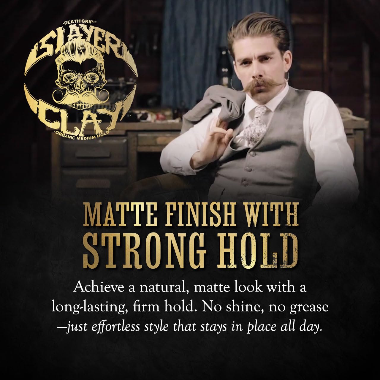 Death Grip Slayer Hair Clay for Men – Organic Medium Hold Styling Clay with Bentonite – Matte Finish, Non-Greasy, Anti-Dandruff, 2 Oz Tin