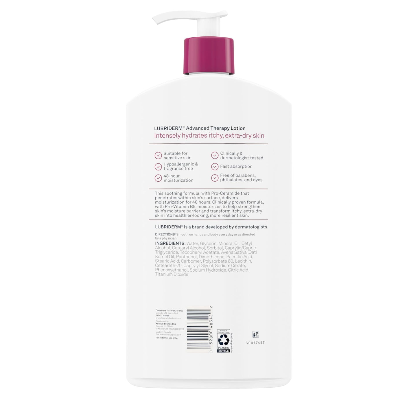 Lubriderm Advanced Therapy Fragrance-Free Hand & Body Lotion with Pro-Ceramide, Intense Hydration for Dry, Sensitive Skin, 32oz