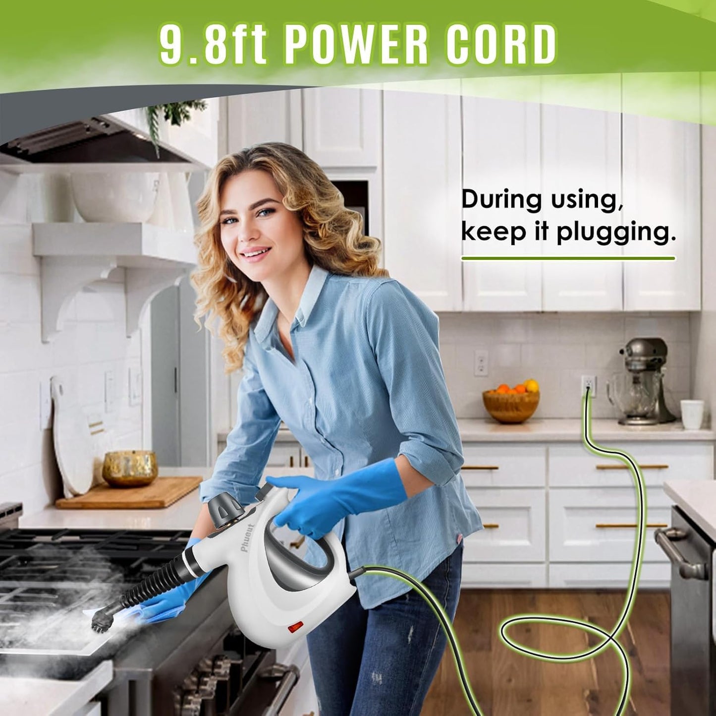 Phueut Handheld Pressurized Steam Cleaner with 12 Accessories, Multi-Surface Steamer for Floors, Upholstery, Grout & Car Cleaning