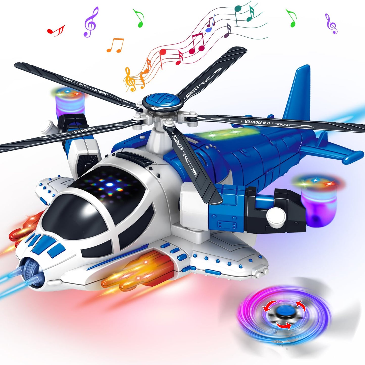 Toddler Helicopter Toy with Lights & Sounds, 360° Spin, Automatic Bump Action, Sensory Airplane for Boys & Girls Ages 1-5 (Blue)