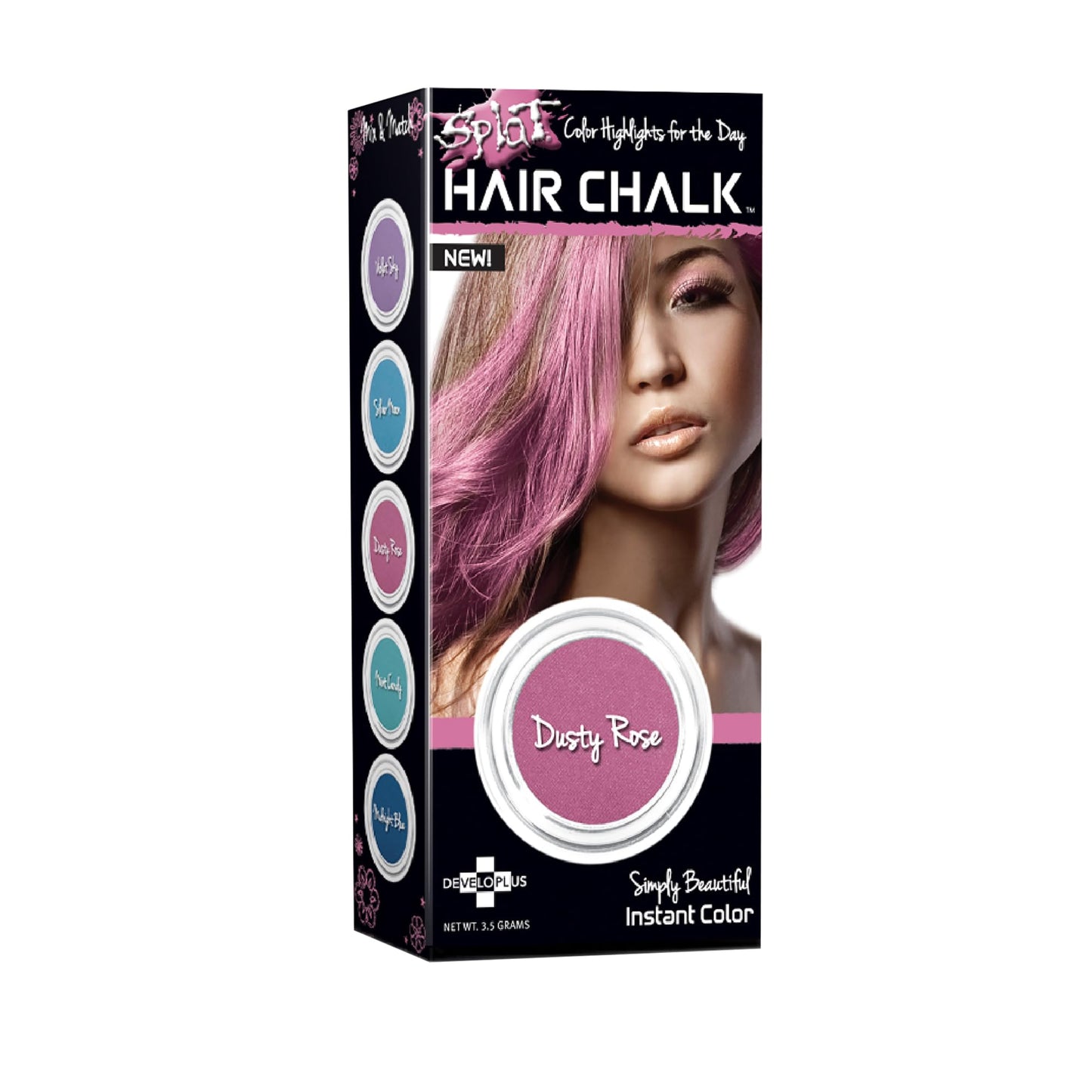 Box of hair chalk with a model wearing pink hair on a white background