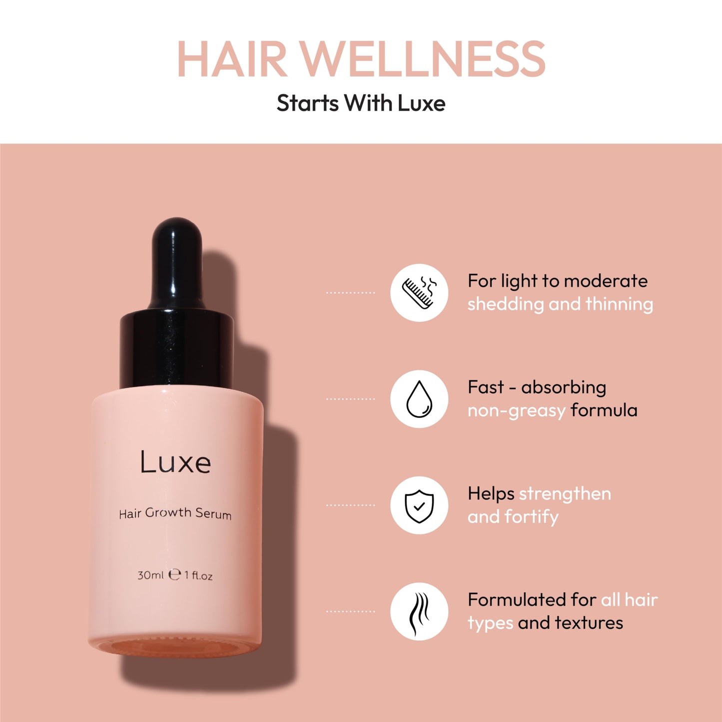 Luxe Cosmetics Hair Growth Serum 30ml – Advanced Formula for Women to Promote Thicker, Fuller & Shinier Hair – Nourishing Scalp Treatment for Dry Scalp