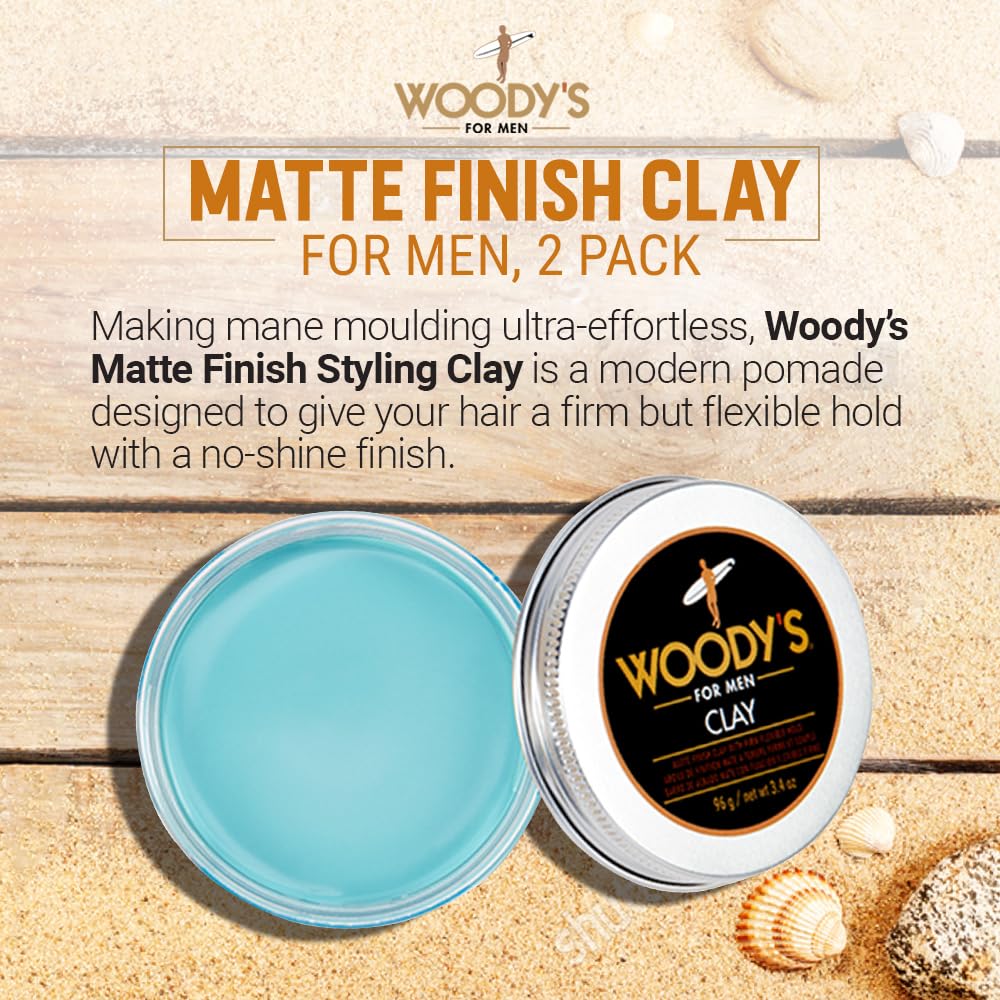 Woody's Hair Clay for Men – Matte Finish, Styling Pomade for Men Stronghold, Firm and Flexible Control, 3.4 oz. 2-Pack