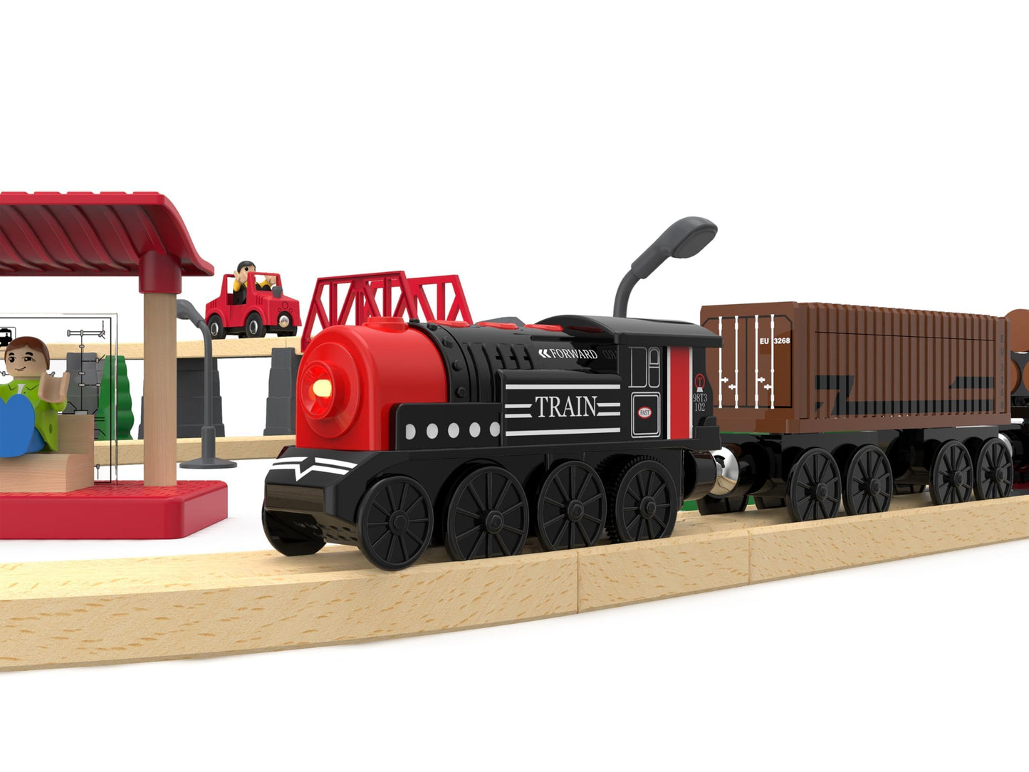 Motorized Wooden Train Set, 3 Battery-Powered Trains for Toddlers 3+, Compatible with Thomas, Brio & Chuggington Tracks