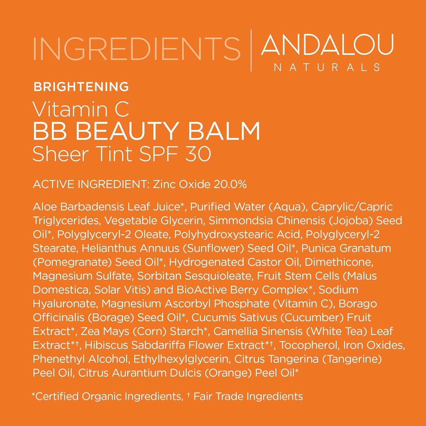 Andalou Naturals Vitamin C BB Beauty Balm SPF 30 – Sheer Tint 2-in-1 BB Cream & Mineral Sunscreen, Non-Nano Zinc Oxide, 2 fl oz