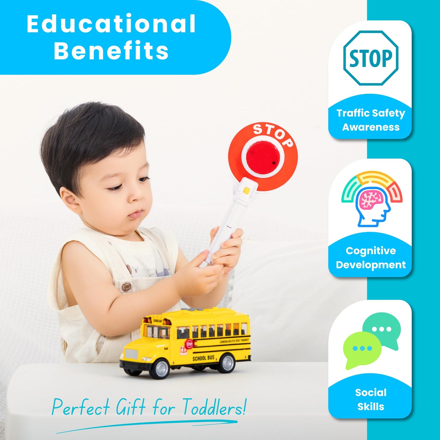 PlenPLAY Yellow School Bus Toy 1:12 Scale – Friction Powered with Lights, Sounds, Opening Doors & Stop Sign, Toddler Preschool Gift