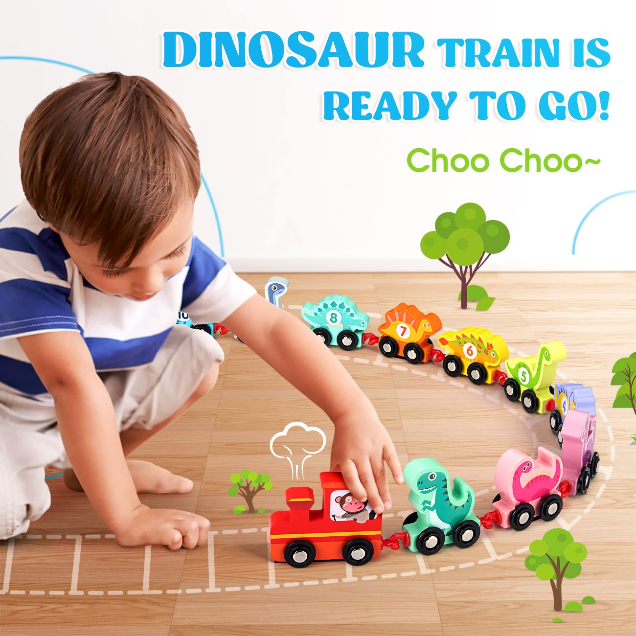 EDUJOY Wooden Dinosaur Train Set for Toddlers, Montessori Learning Toy, Easter & Birthday Gifts for Boys & Girls Ages 2-4