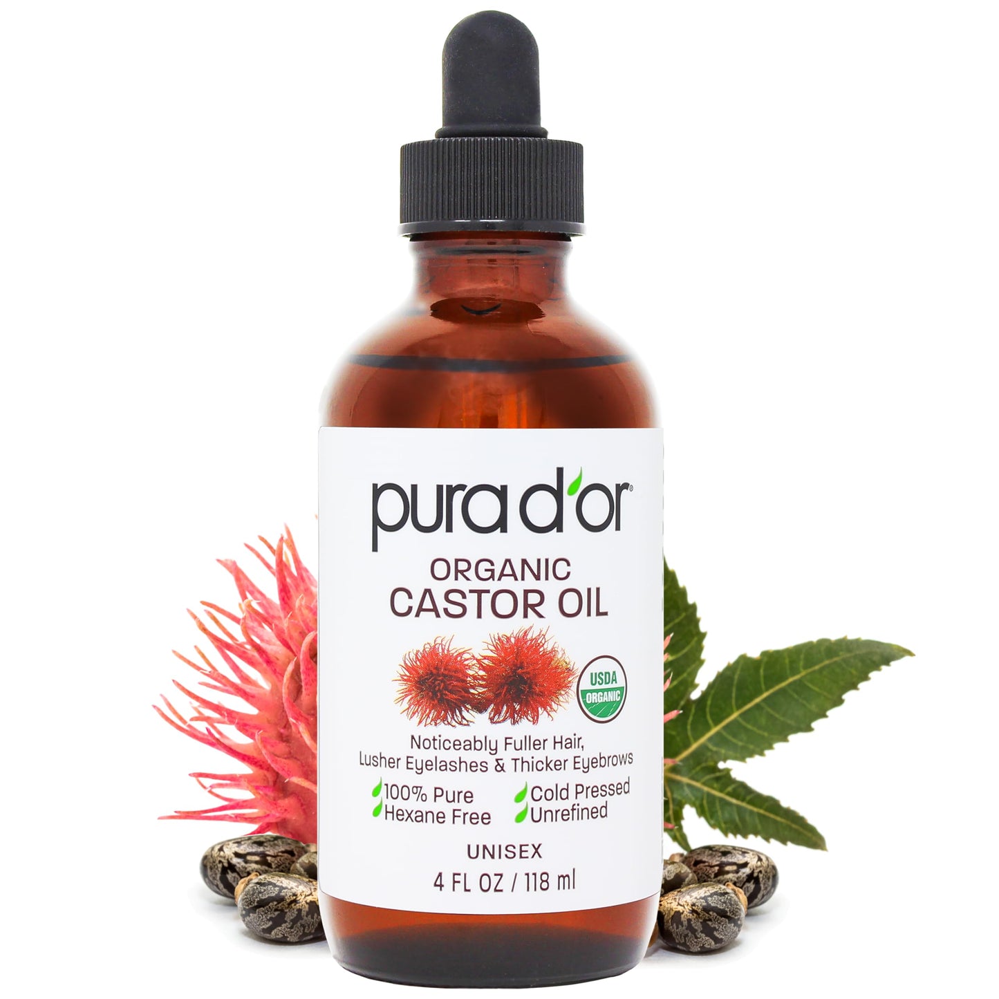 PURA D'OR 4oz Organic Castor Oil - 100% Pure, USDA Certified, Cold Pressed & Hexane-Free Eyelash, Eyebrow, Hair & Skin Serum