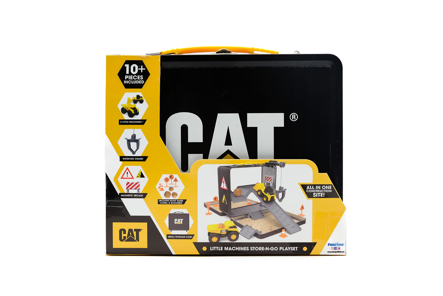 CAT Construction Toys Store & Go Playset – Tin Travel Case Turns into Multi-Level Worksite, 2 Vehicles + 10 Accessories, STEM Toy 3+