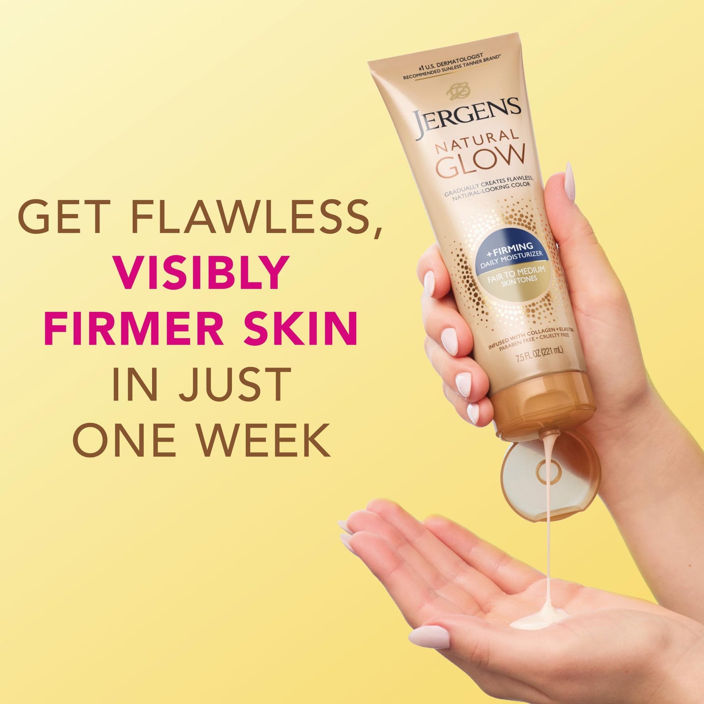 Jergens Natural Glow + Firming Self-Tanner Lotion for Fair to Medium Skin – Sunless Moisturizer with Collagen & Elastin, Reduces Cellulite, 7.5 Fl Oz