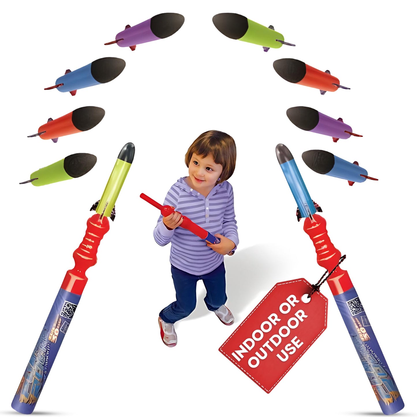 Geospace Handheld Pump Rocket Battle Pack – 2 Launchers & 10 Flying Foam Rockets, 19" Stomper Rocket Toy for Kids Boys & Girls