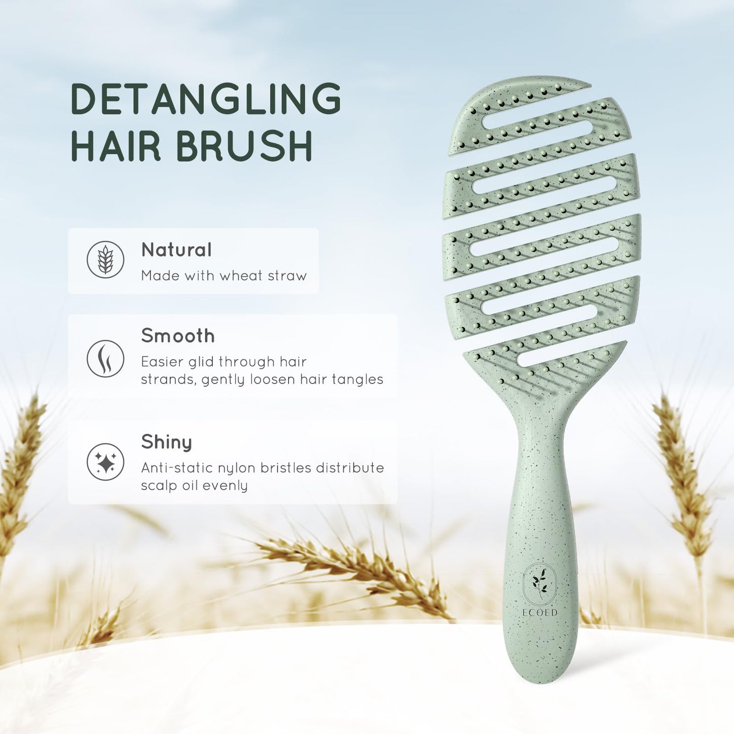 Ecoed Detangler Hairbrush – Soft Bristle Brush for Wet & Dry Hair, Straight, Wavy, Curly, Fine Hair – Quick Smoothing, Eco-Friendly & Sustainable (Green)