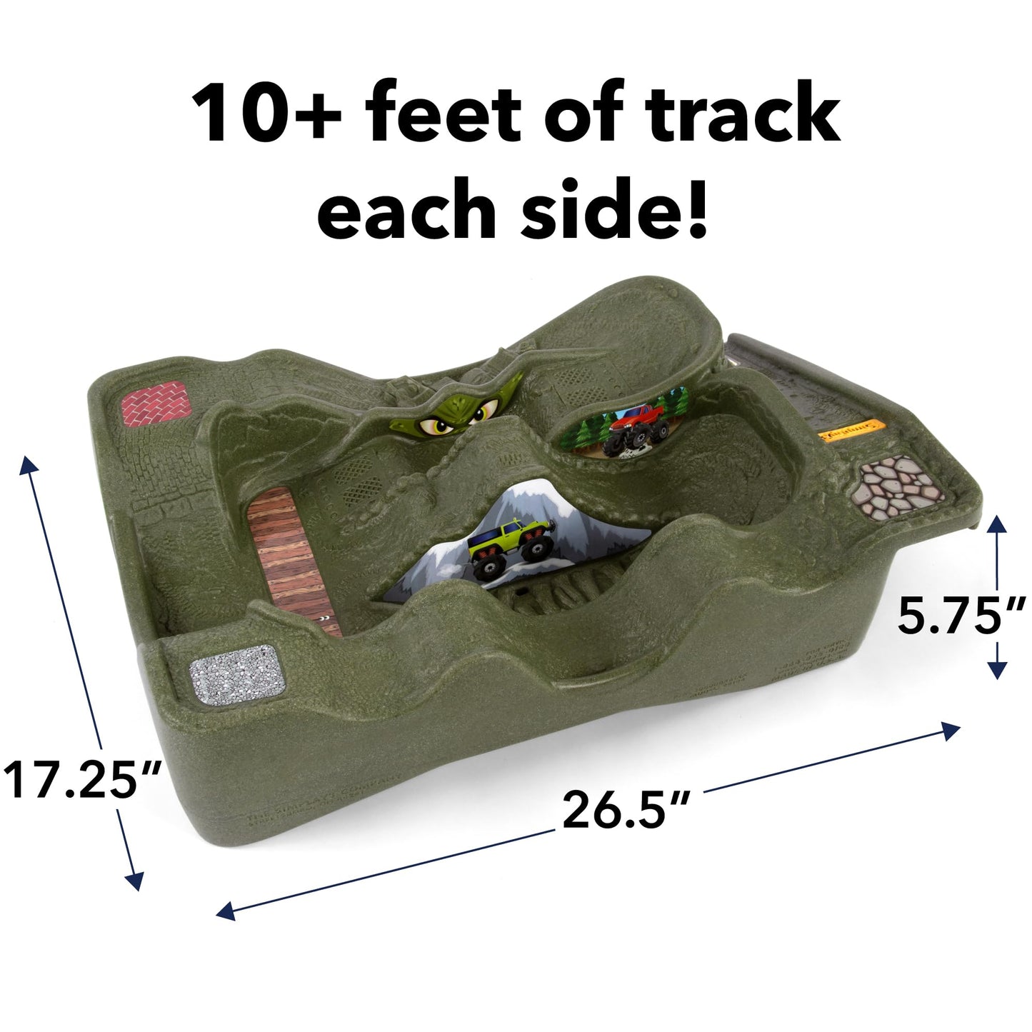 Simplay3 Monster City Extreme Wheels Car Race Track Table - 2 Sided Portable Kids Play Table with 2 Race Trucks - Red or Green - Made in USA