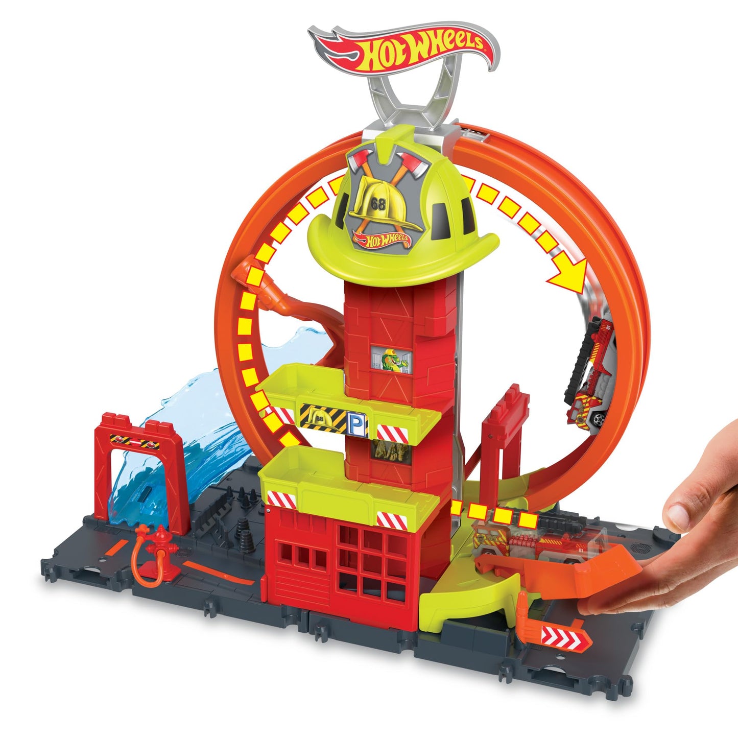 Hot Wheels City Fire Station Playset with 1 Car, Kid-Powered Elevator, Super Loop, Water-Style Ramp & Track Features, Connectable