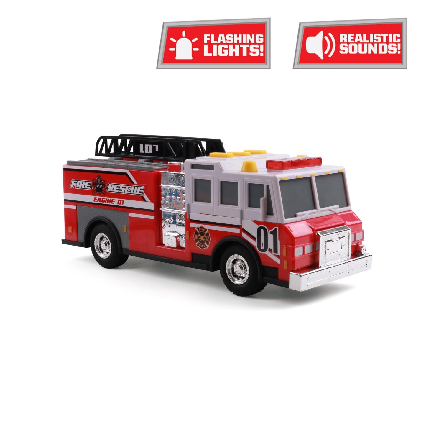 Mighty Fleet Rescue Force 12" Fire Truck Ladder Toy with Realistic Lights & Sounds, Free Wheeling Play & Working Ladder! Ages 3+