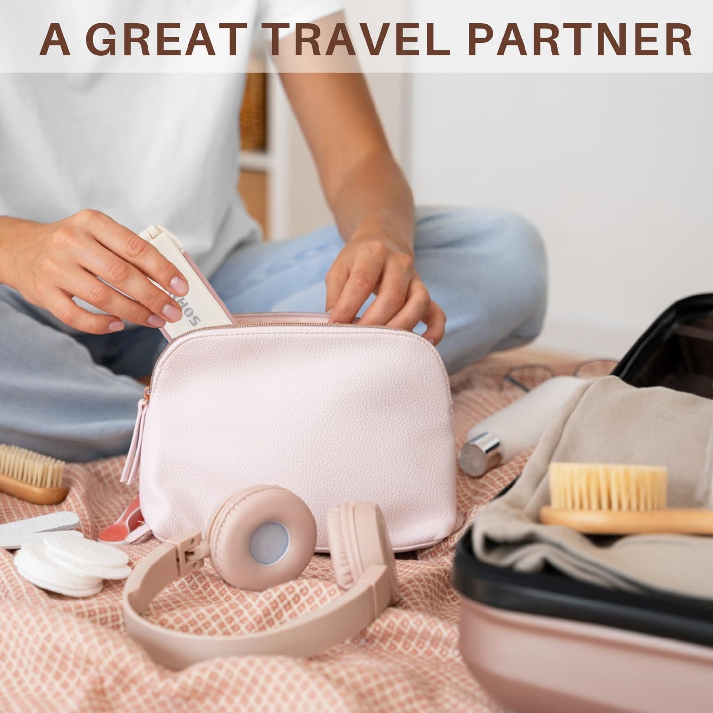 RHOS Folding Brush with Mirror for Women, Girls - Mini Hair Brush for Purse, Small Pocket Brush with Soft Nylon Bristles and Mirror for Travel (Beige)