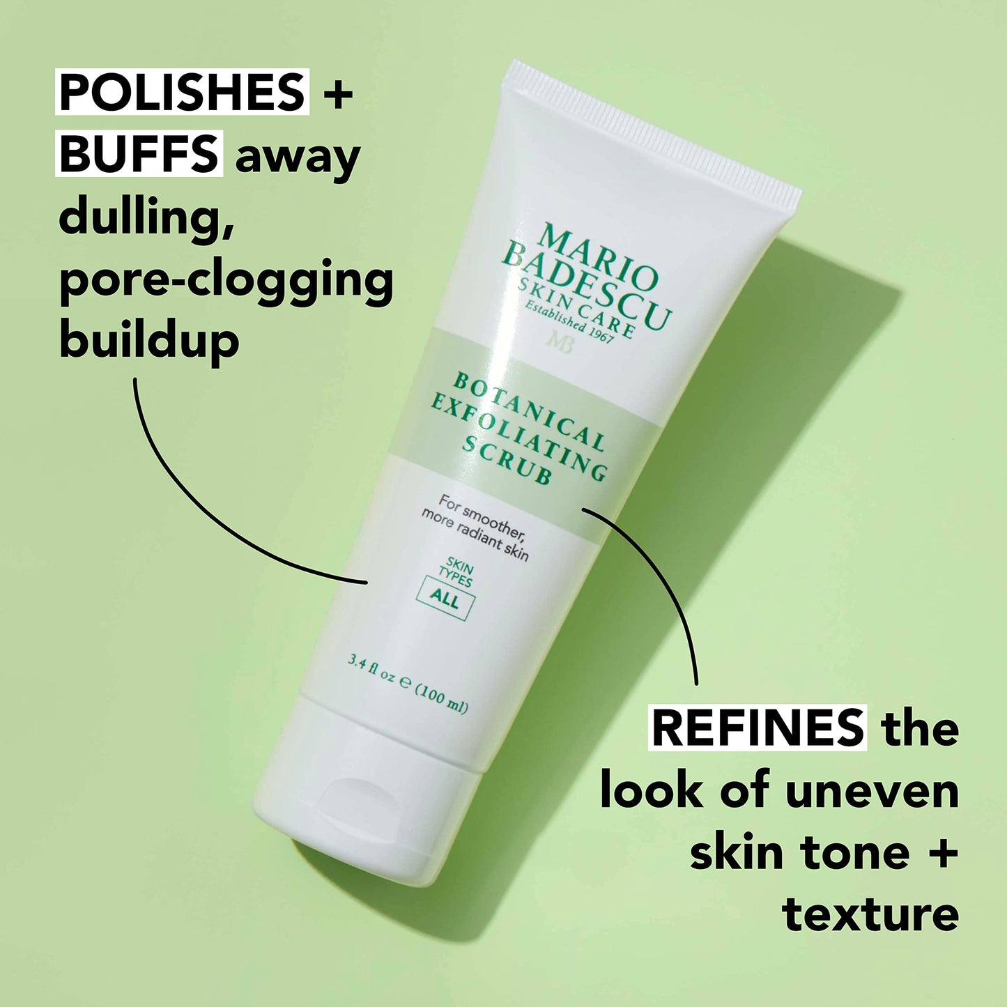 Mario Badescu Botanical Exfoliating Scrub for All Skin Types, Face Wash with Ivory Palm Seeds & Green Tea, Gentle 3.4 Fl Oz