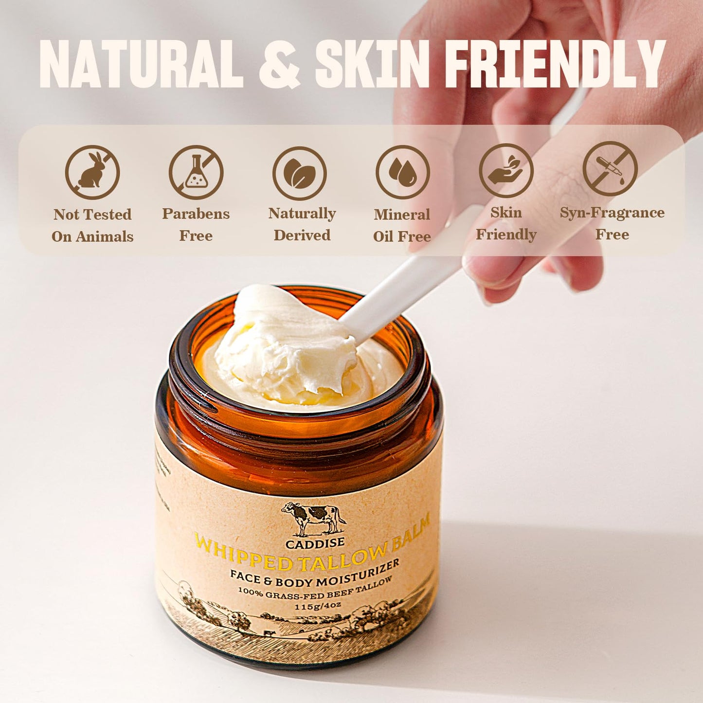 Whipped Grass-Fed Beef Tallow Cream – Handmade Natural Moisturizer with Honey, Shea & Jojoba Oil, Non-Greasy Nourishing Skin Care, 4oz